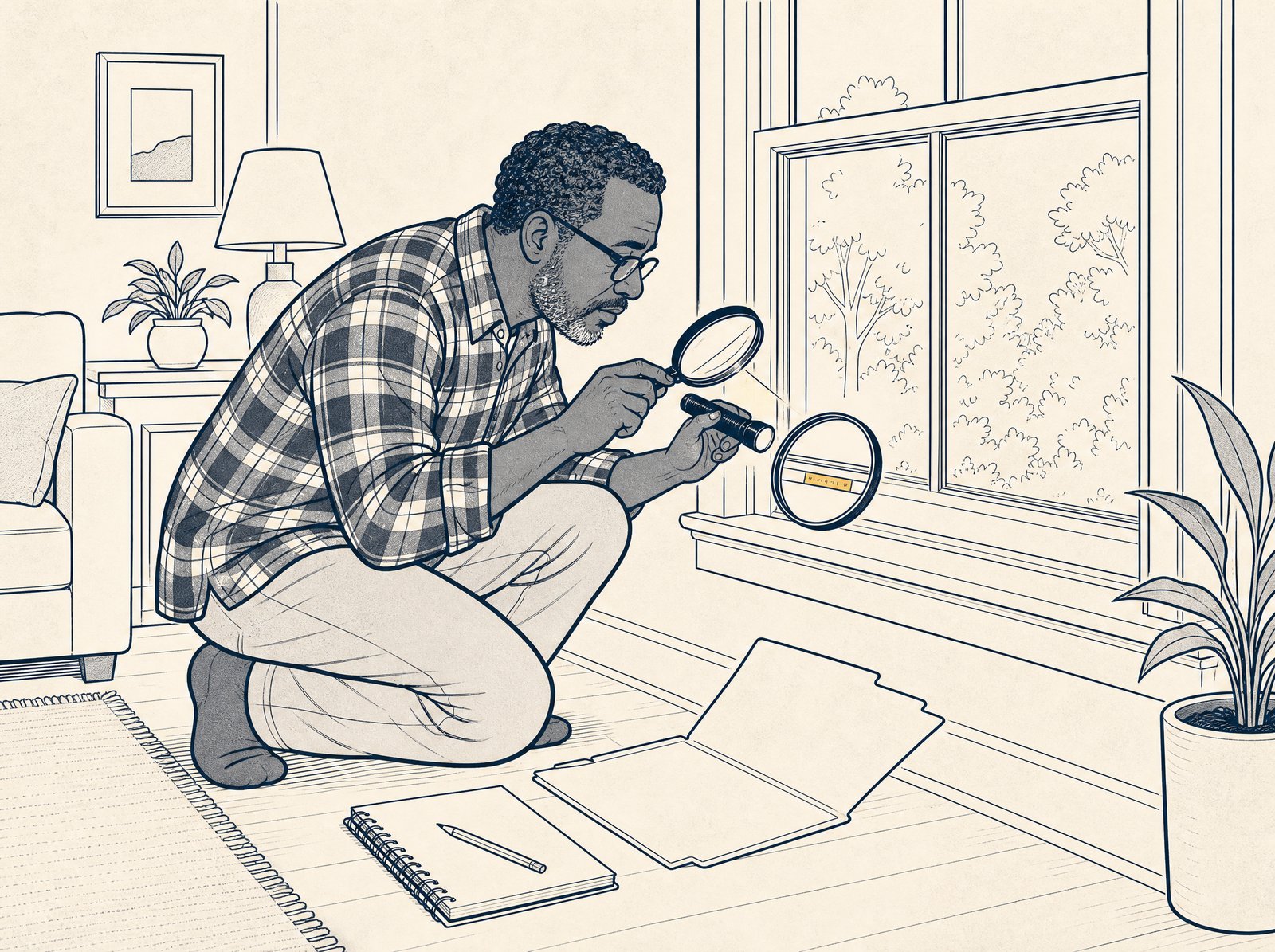 House Comic cartoon: a homeowner crouches at his window with a magnifying glass and flashlight, studying one tiny gold-stamped strip on the frame like an archaeologist reading an inscription, an empty file folder open on the floor beside him.