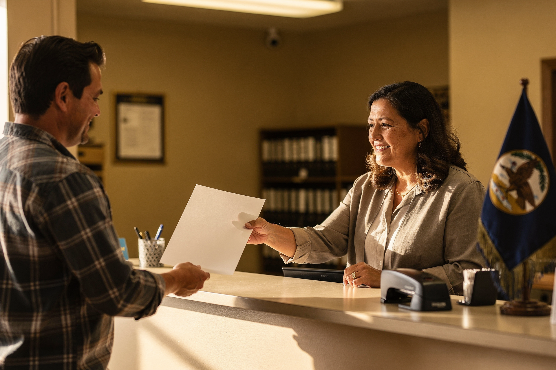 A homeowner at a sunlit city permit counter in Idaho on a calm morning, paperwork in hand, foothills visible through the office windows.