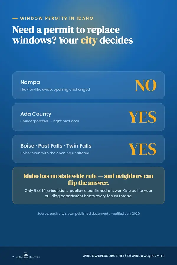 Need a permit to replace windows in Idaho? Your city decides — Nampa no, Ada County yes, Boise yes even unaltered. Only 5 of 14 cities publish an answer.