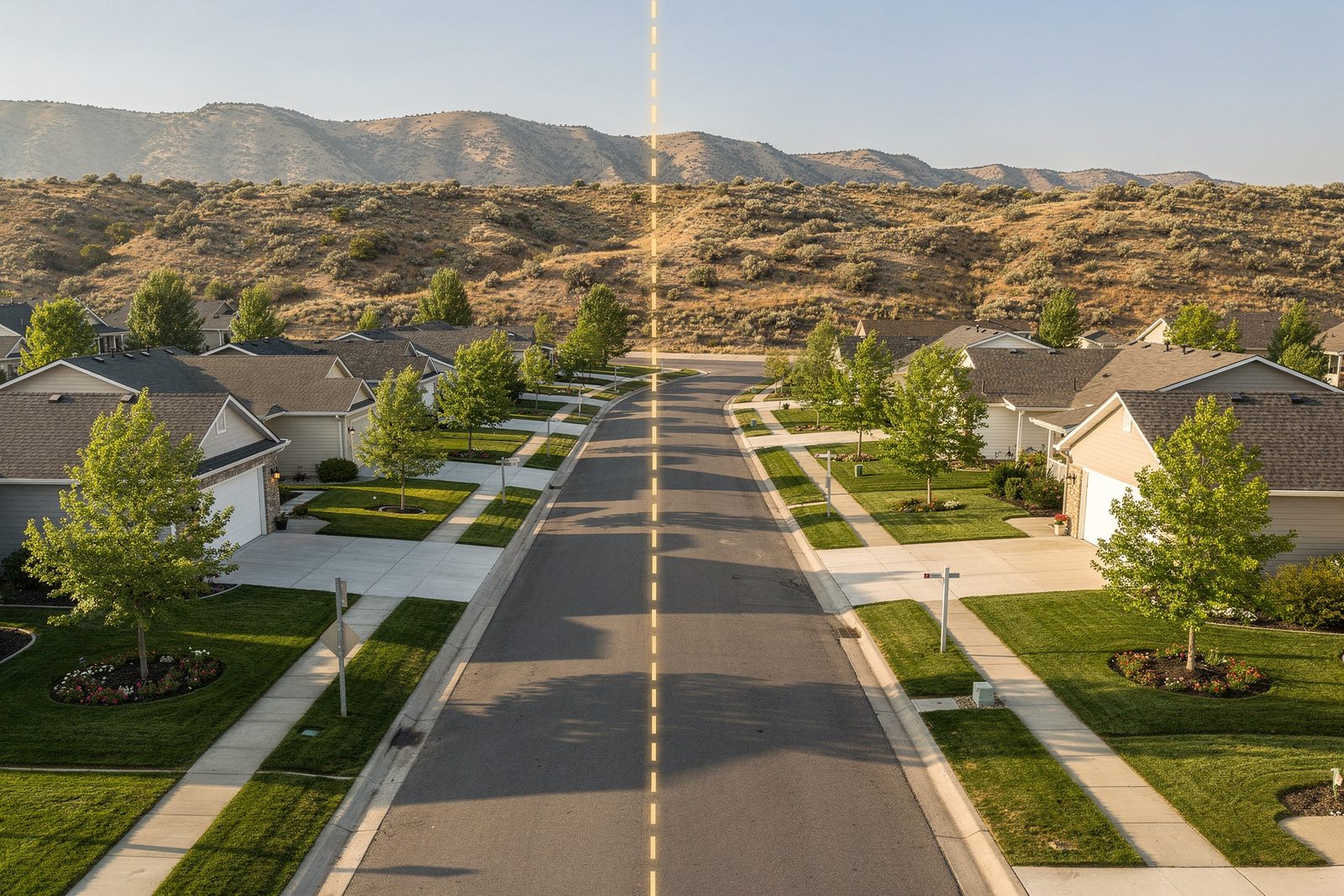 Aerial view of a Treasure Valley street of near-identical homes, split down the middle by a glowing dashed boundary line running up the road toward dry foothills — both sides of the street otherwise the same.