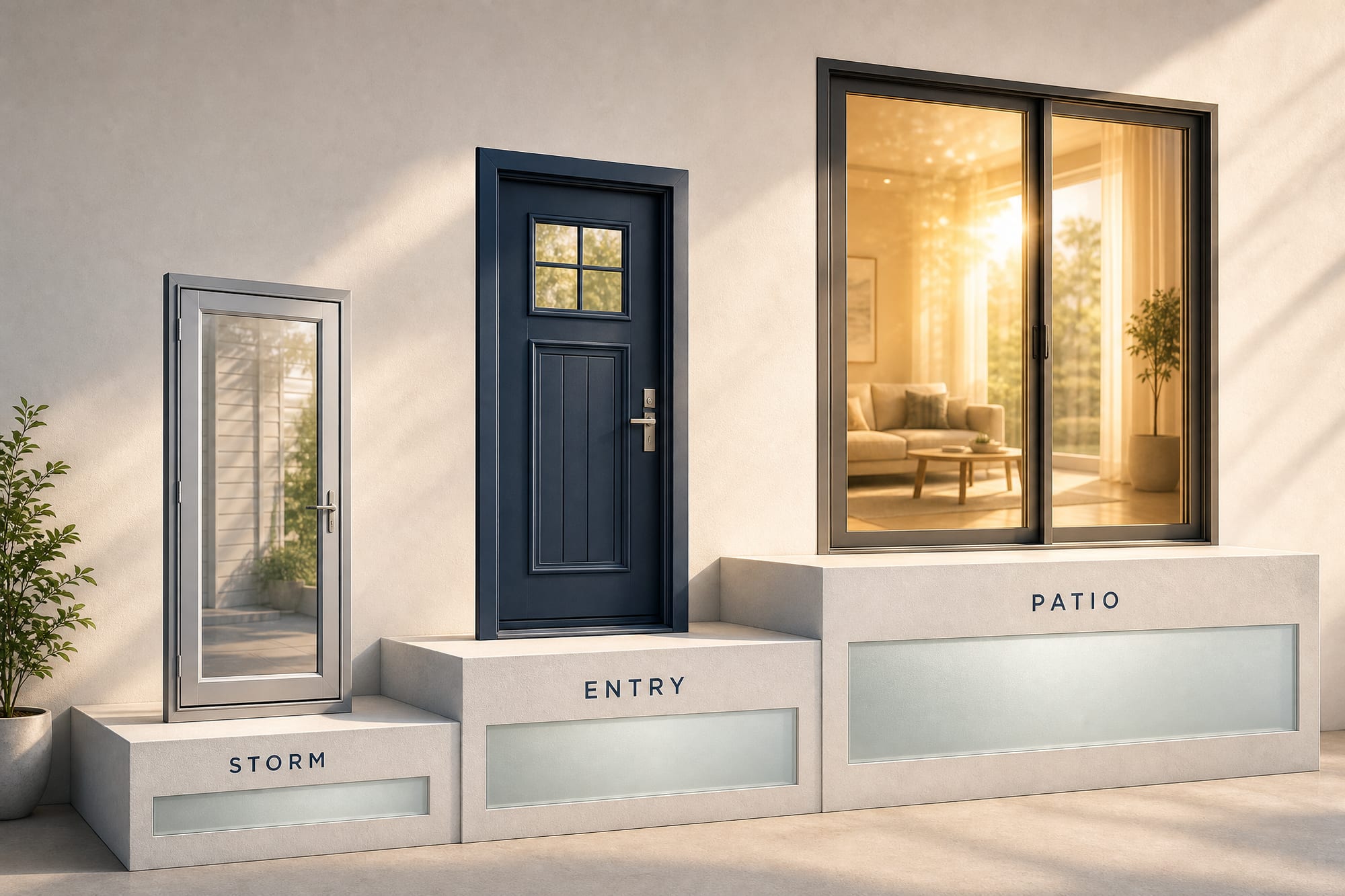 An illustrated cost ladder rising left to right — a storm door low, a front entry door in the middle, a glass patio door high — each with a labeled price band beneath it, in warm daylight and the brand palette.