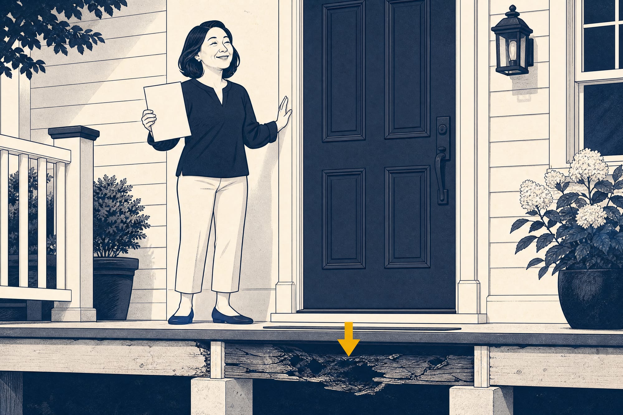 House Comic: a homeowner beams beside a handsome new front door on install day, holding a low invoice; in the same frame a small gold arrow points down to the threshold where a hidden dark patch of rot waits under the sill, unseen and patient.