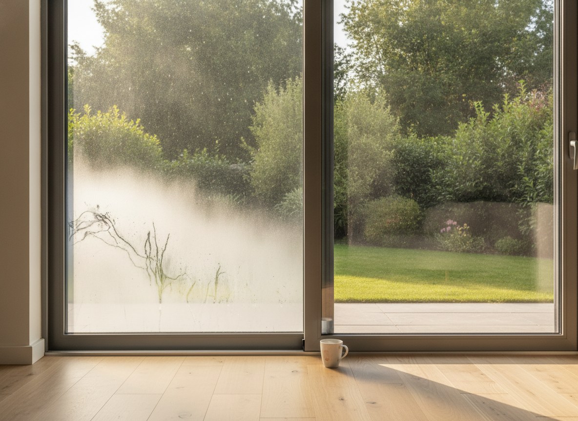 Fog trapped between the panes — the classic sign a patio door seal has failed.