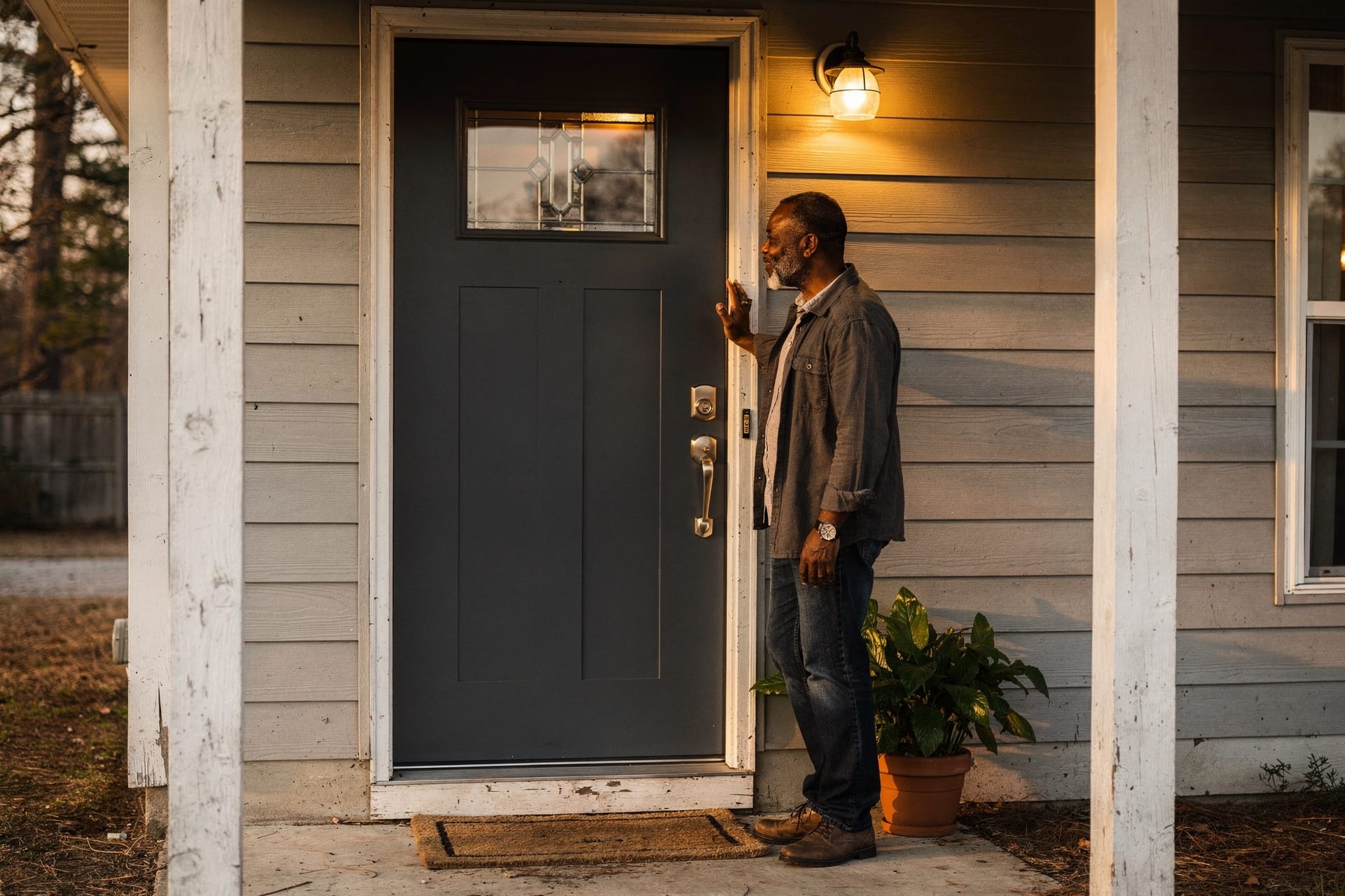 A North Carolina homeowner stands at his front porch in warm early-evening light, one hand resting on the frame of a handsome brand-new charcoal front door with a small decorative glass lite, the porch light just coming on — the quiet satisfaction of a door freshly hung and set true.