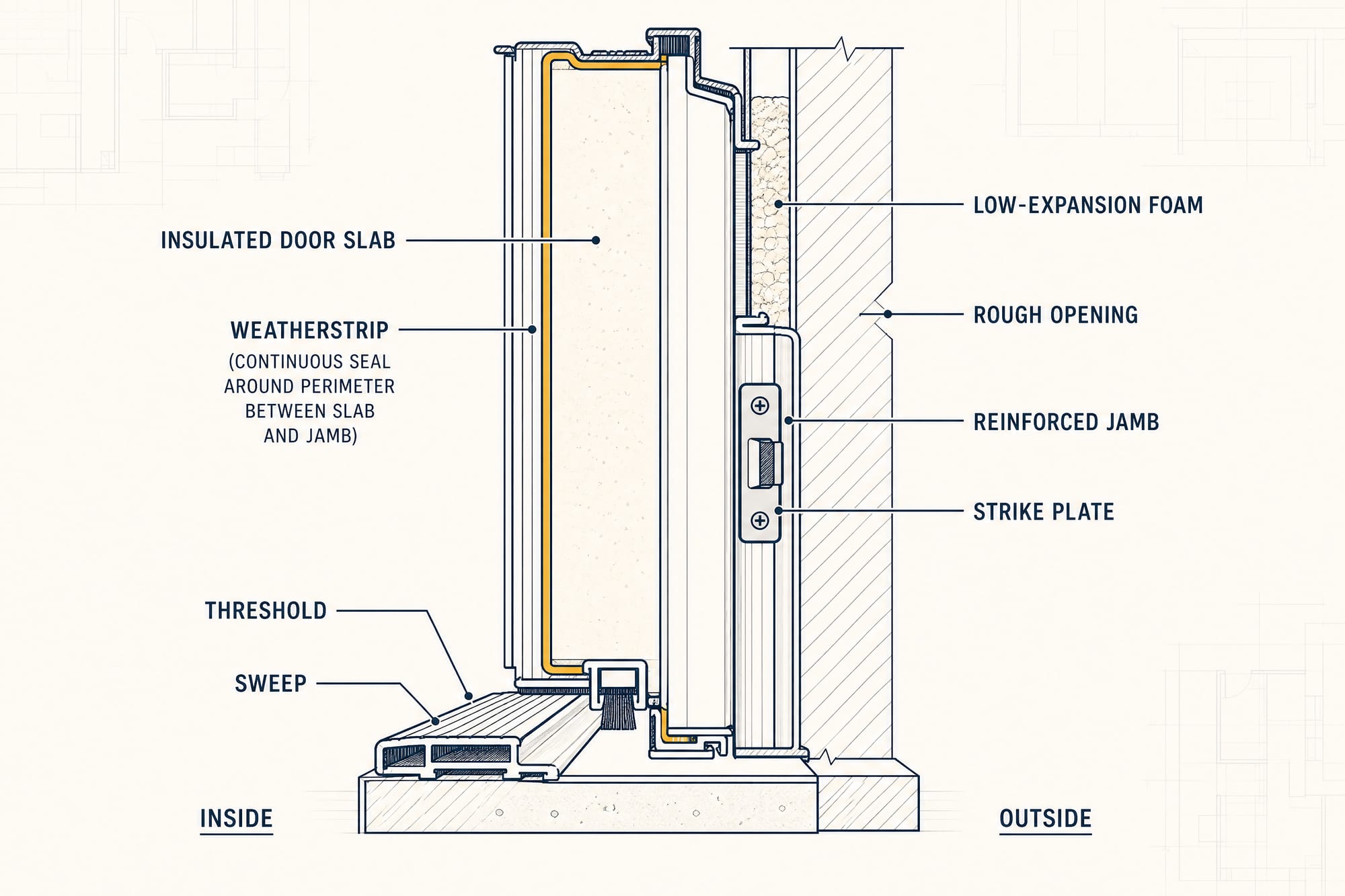Diagram of an entry-door system: the insulated slab, perimeter weatherstripping, the threshold and sweep at the bottom, the strike plate and reinforced jamb at the lock, and low-expansion foam sealing the door to the rough opening.