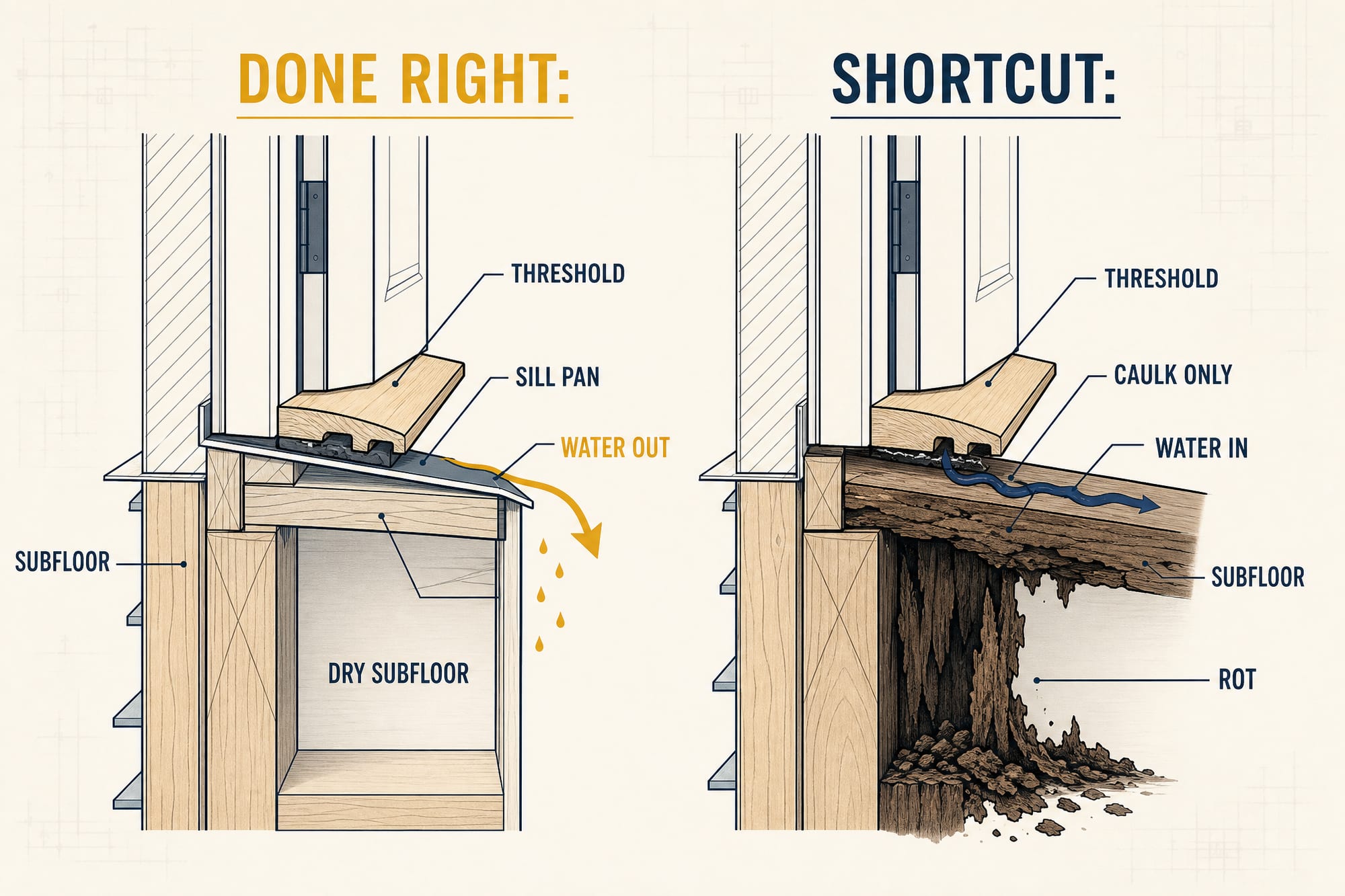 Side-by-side comparison: LEFT shows an entry door set over a back-dammed sill pan that drains wind-driven rain out to the exterior; RIGHT shows the same threshold set on caulk alone, water wicking under the sill into the subfloor and framing.