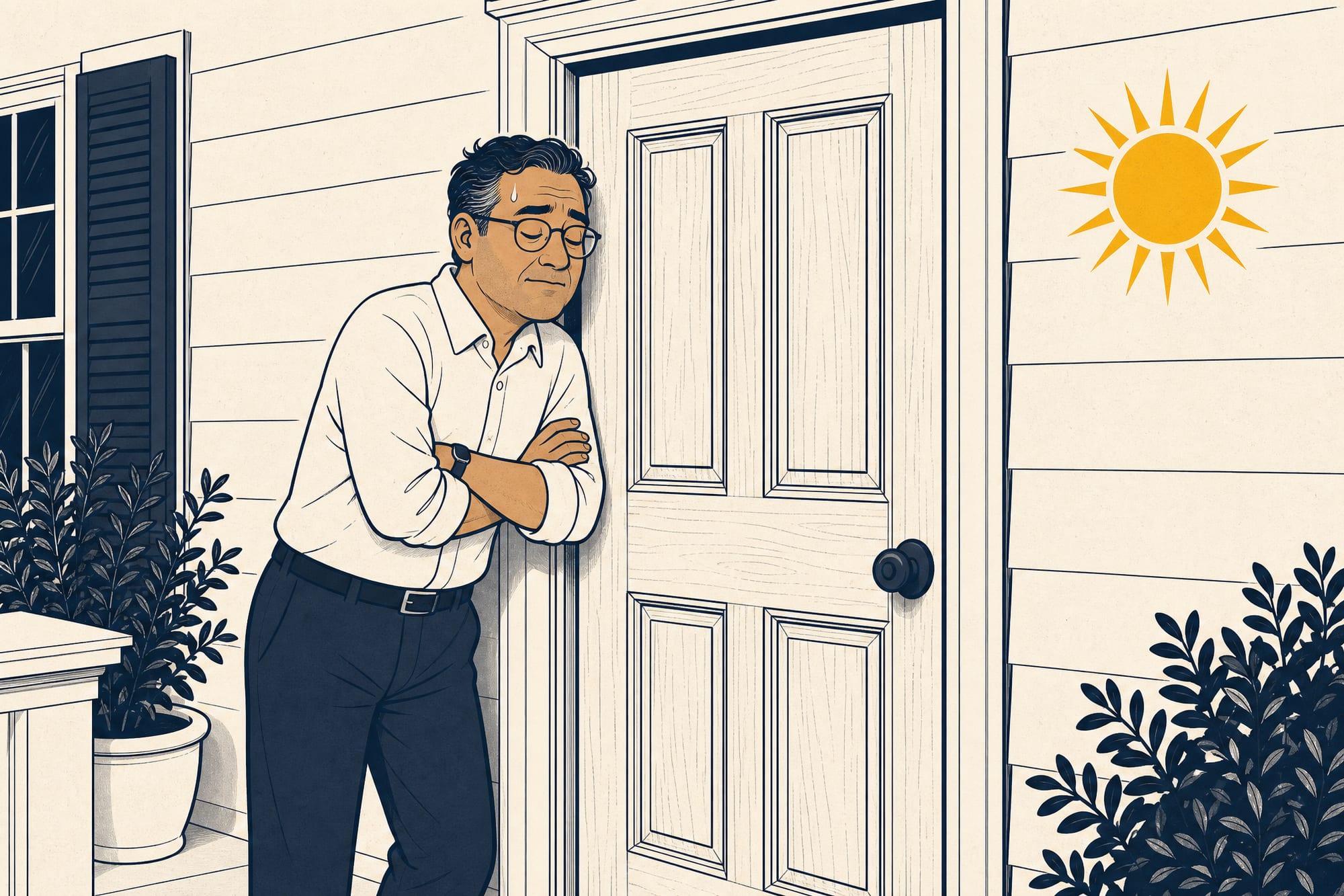 House Comic: a calm homeowner leans a shoulder into a beautiful wood front door that won't budge in the summer heat, a single gold sunburst on the wall beside it, a bead of sweat on his brow — dry and wry, not slapstick.