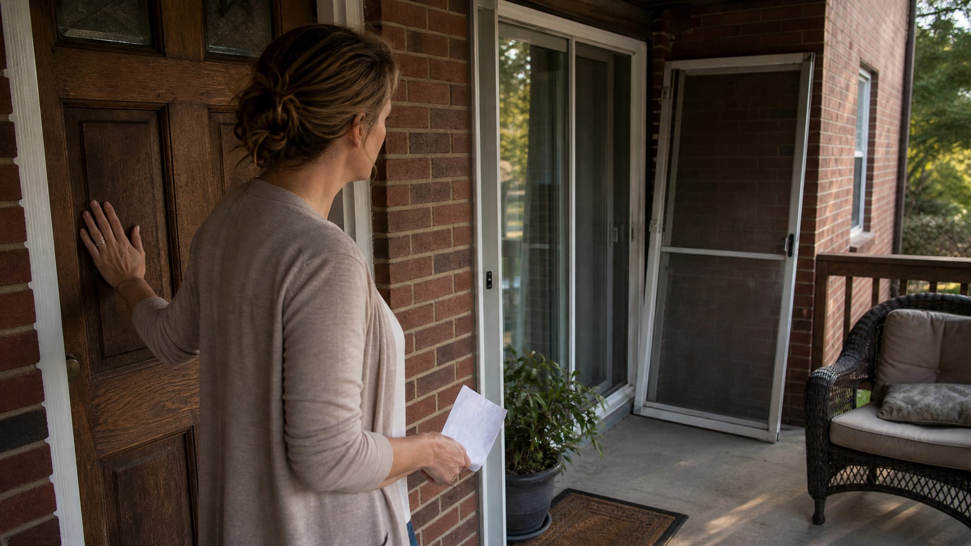 A homeowner stands on her own brick NC porch in flat overcast light, one hand resting on a dated front door, a folded quote in the other, glancing between the entry, a glass patio slider off to the side, and a screen storm door — the quiet moment of deciding which door is the actual job.