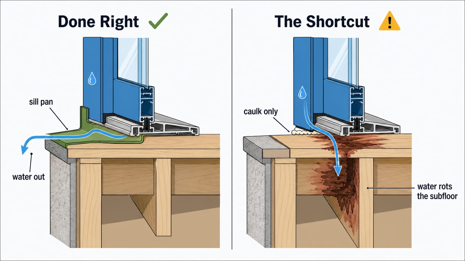Patio-door threshold cross-section, two panels. Done right: the door sits over a sloped sill pan that catches water and drains it out to the exterior, subfloor dry. The shortcut: no sill pan, caulk only, so water gets under the threshold and rots the subfloor.