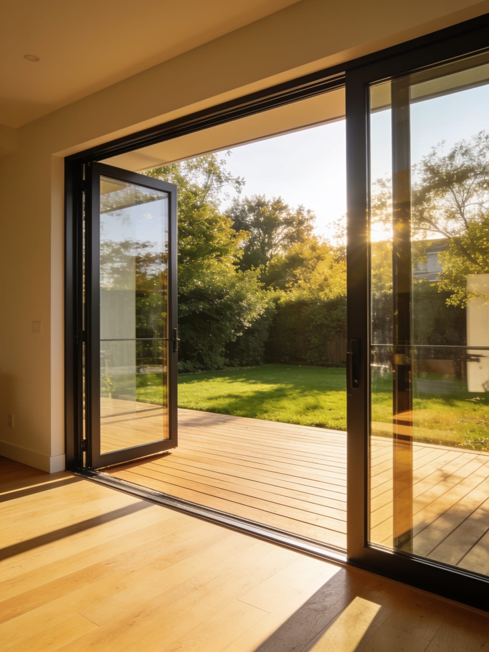 A wide sliding glass patio door open onto a sunlit backyard deck, bright daylight streaming across the hardwood floor.
