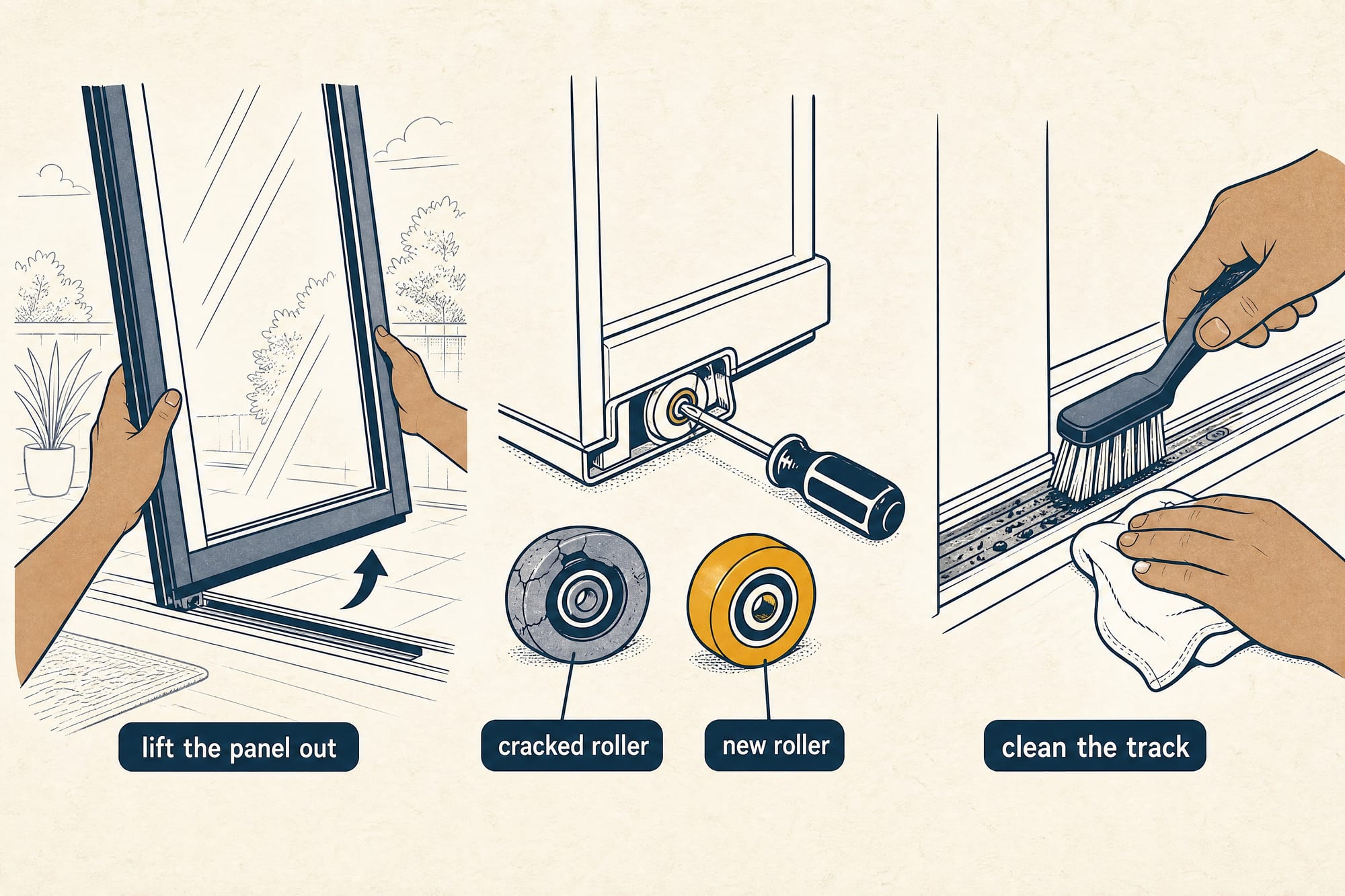Three-panel how-to: lift the sliding door panel out of its track, swap the cracked roller for a new one at the bottom rail with a screwdriver, and brush the debris out of the track.