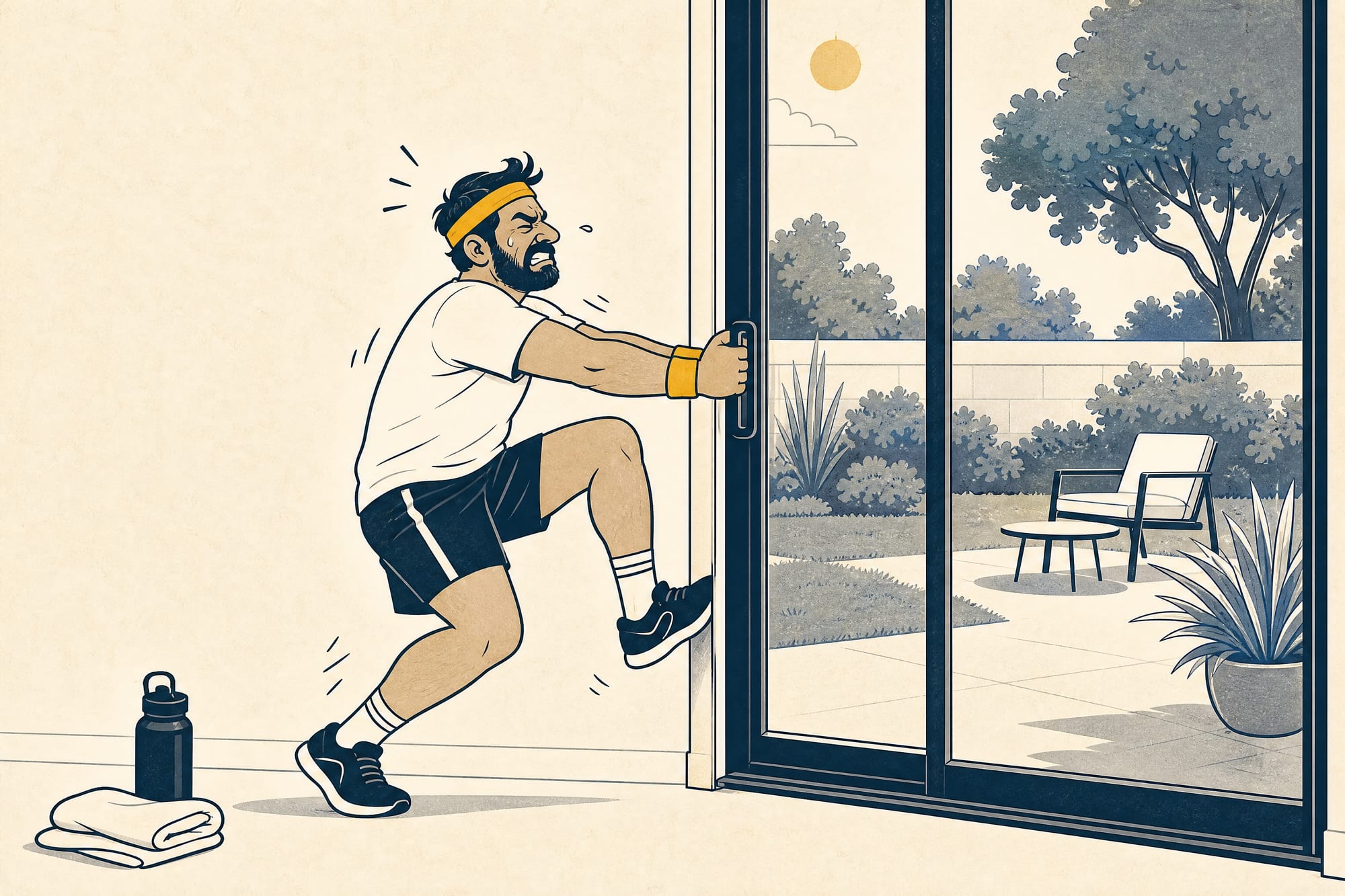 Cartoon: a homeowner in gym gear — sweatband, wristband, water bottle and towel nearby — strains with all his effort to shove a stuck sliding patio door open, one leg braced against the frame.