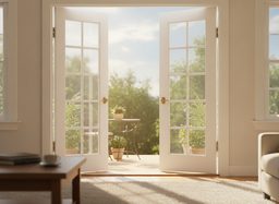 A French hinged patio door — a pair of divided-lite glass doors that swing open into the room