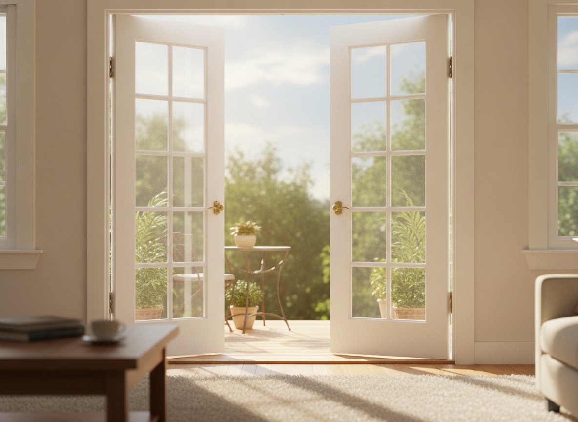 A French hinged patio door — a pair of divided-lite glass doors that swing open into the room