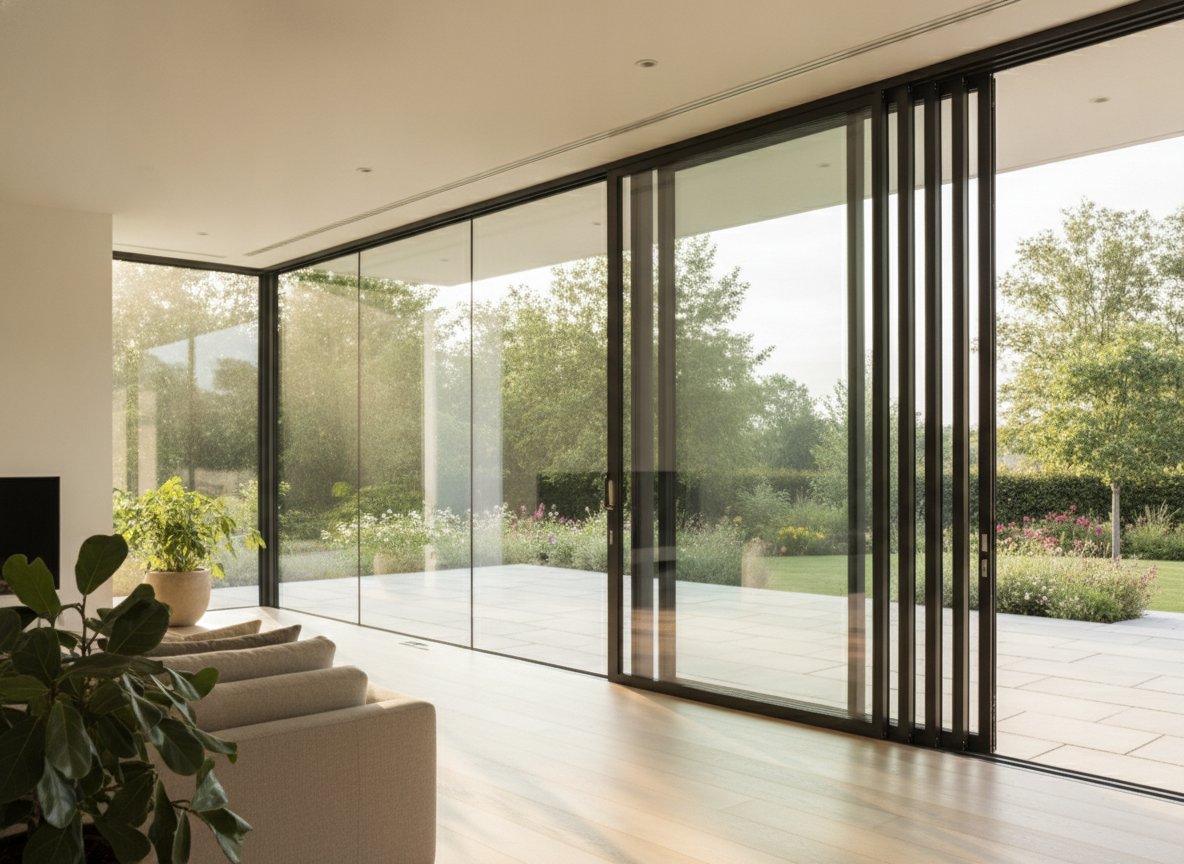 A multi-slide patio door — several slim-framed glass panels that stack and slide away to open a wide wall