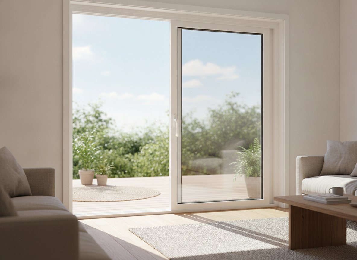 A two-panel sliding glass patio door — one glass panel glides behind a fixed panel in the plane of the wall