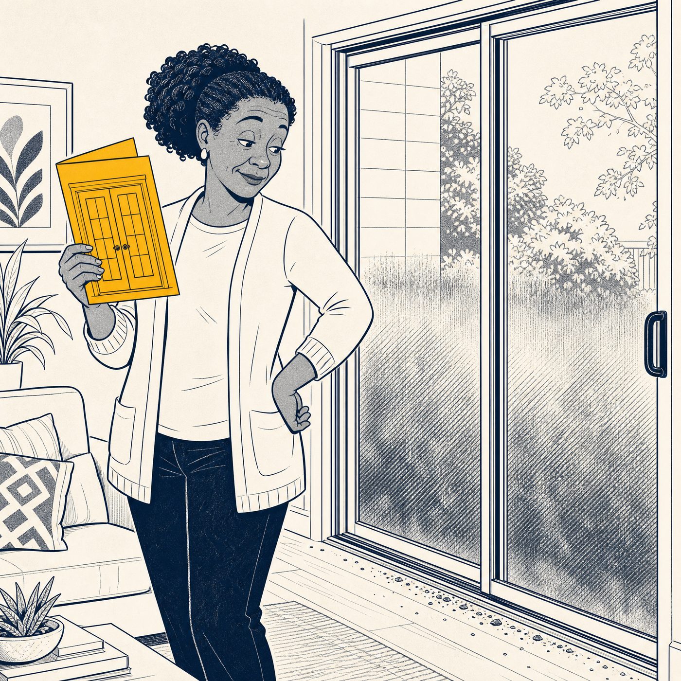 House Comic: a homeowner stands at a foggy sliding glass patio door holding a French-door brochure, while a small speech bubble points at the track reading 'it's the seal and the track' — dry and wry, single gold sunburst, flat navy-and-gold New-Yorker look.