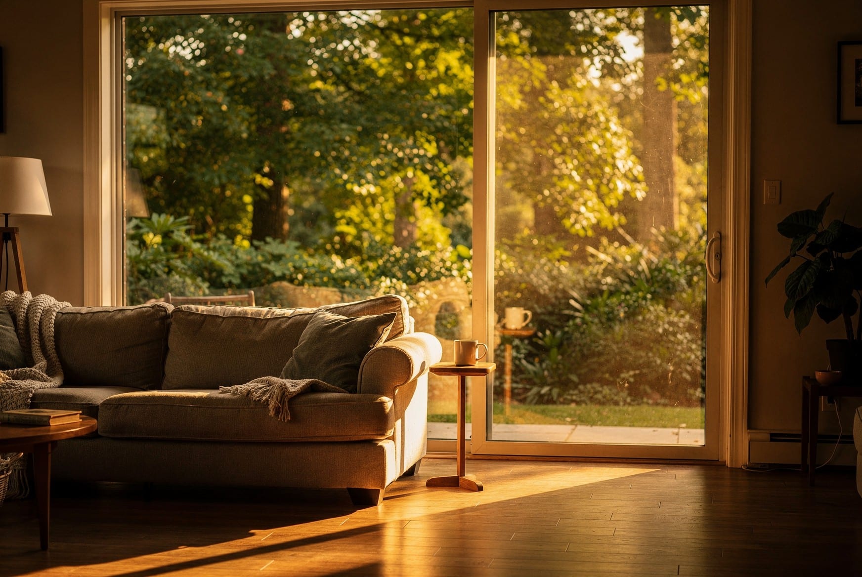 A bright North Carolina living room opening onto a leafy patio in warm late-day light, the wide door glass throwing a long rectangle of sun across the floor toward a comfortable sofa.