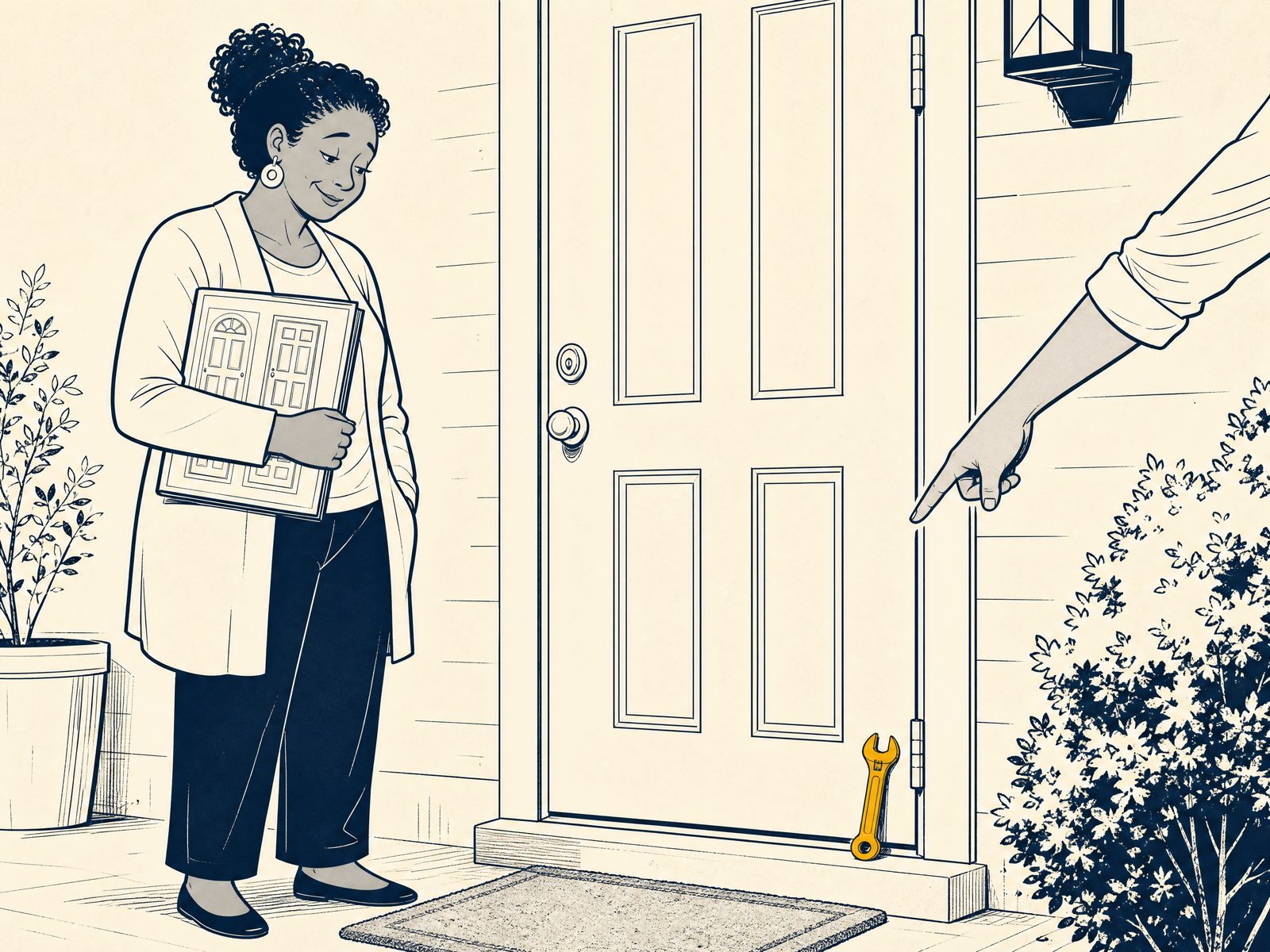 House Comic: a homeowner stands with a glossy door catalog under one arm, having circled her pick, while a calm hand points down at the actual door's bottom hinge and a small gold wrench — the fix was three screws, not a new door.