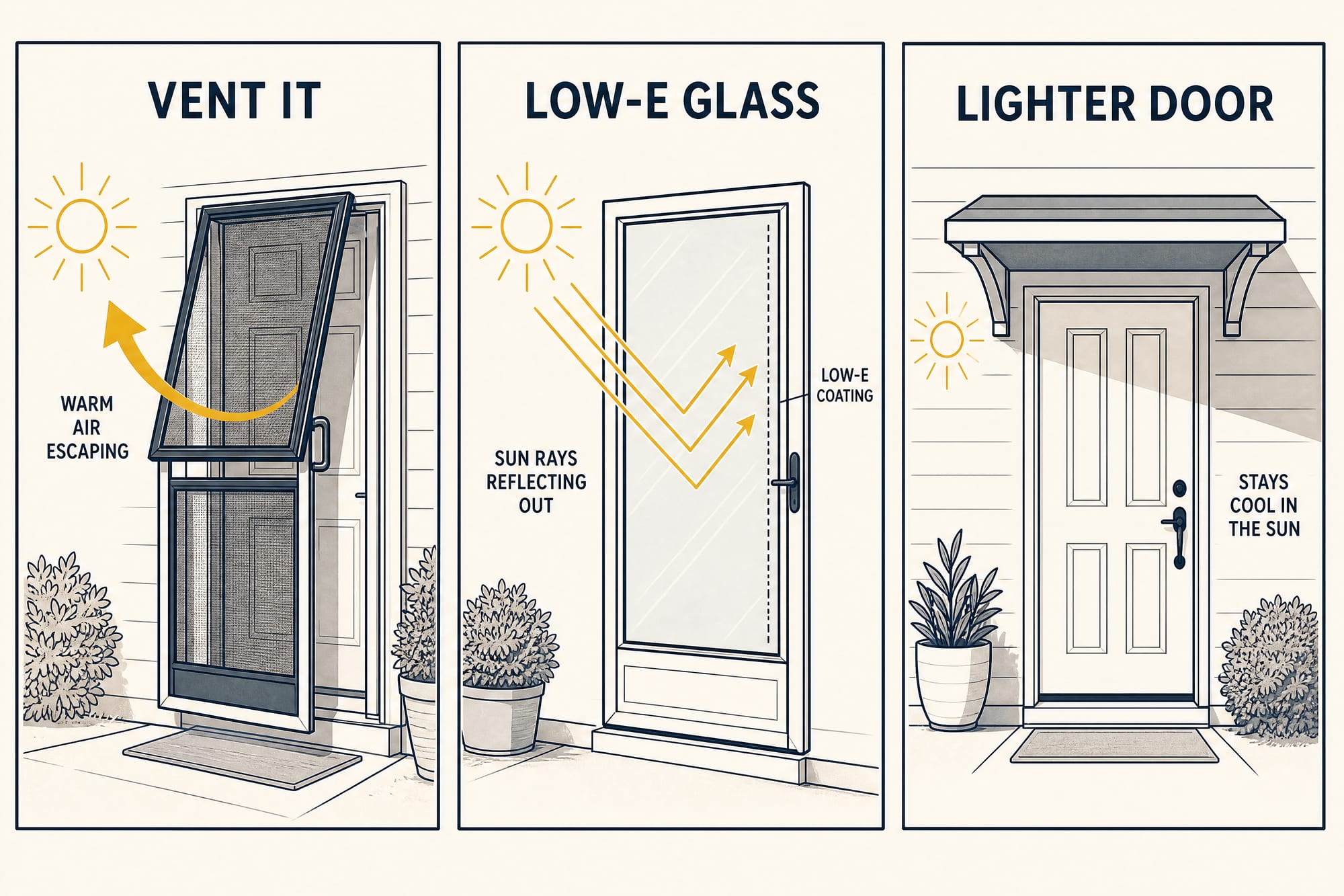 Three-panel how-to: choose a ventilating or retractable-screen storm door so heat escapes, use Low-E storm glass, and pair it with a lighter-colored entry door on a sun-facing wall.