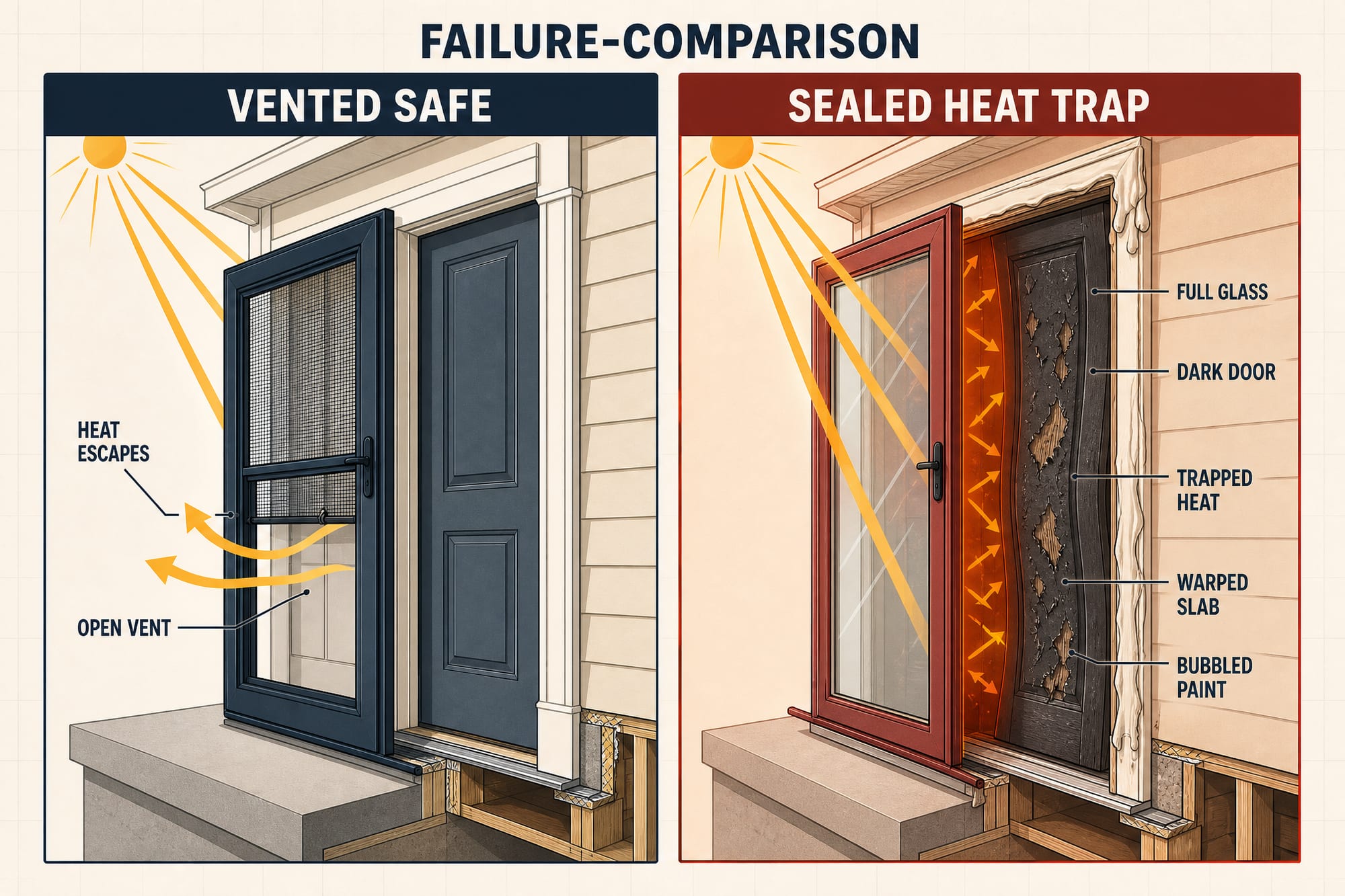 Side-by-side comparison: LEFT shows a ventilating storm door where summer heat escapes through the open vent and the entry door is unharmed; RIGHT shows a non-venting full-glass storm door over a dark south-facing door, heat trapped in the air pocket, the entry door's paint bubbling and slab warping.