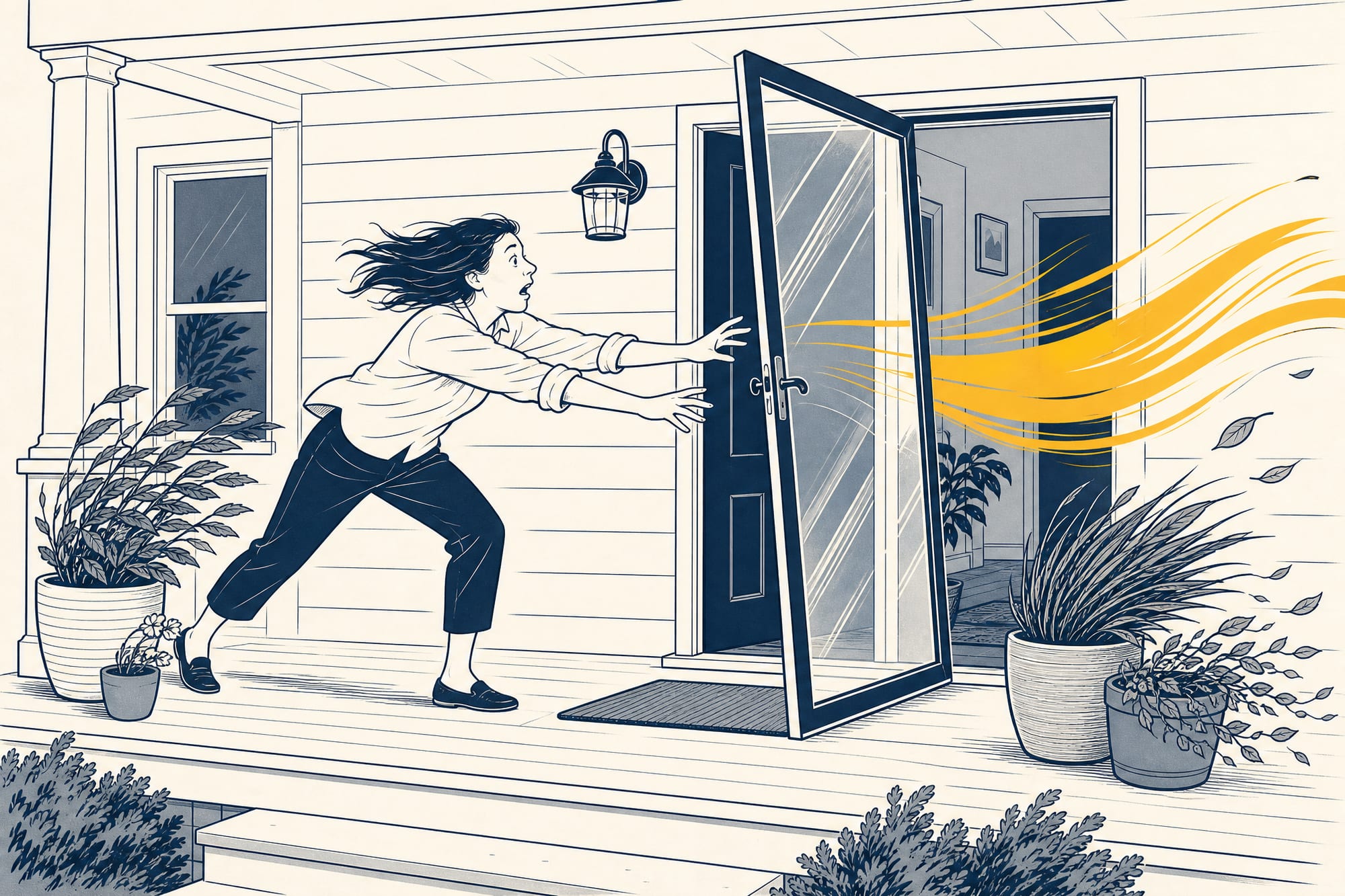 House Comic: a summer gust catches a full-view glass storm door and flings it wide open, a homeowner lunging a half-second too late, porch plants and hair blown sideways, a single gold accent on the gust of wind.