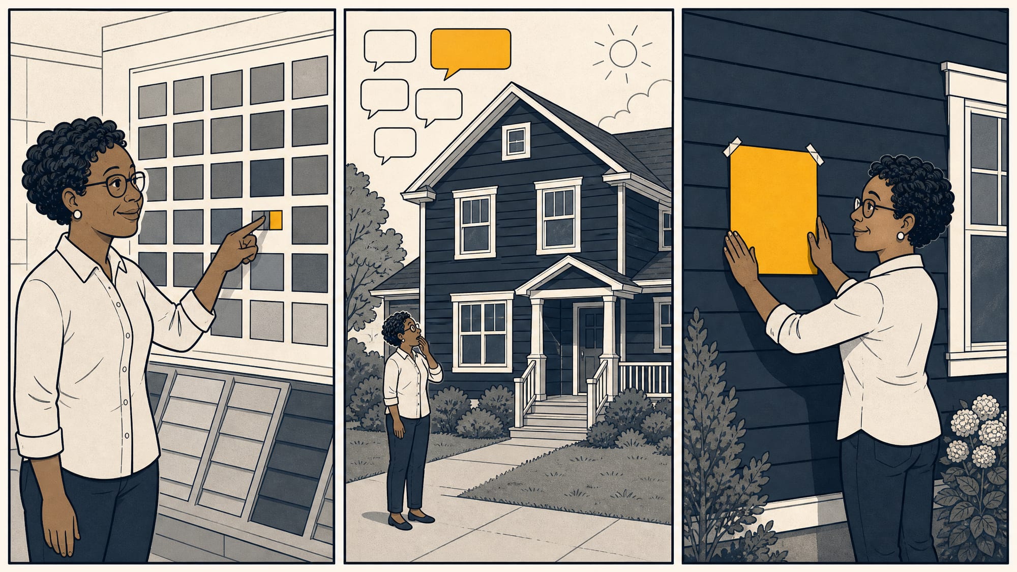 Three-panel cartoon: first, a homeowner proudly holds up a tiny dark siding color chip at a showroom; second, the same color covers her whole sunny house and reads far brighter and bolder than expected, with an online thread in the margin suggesting she sample the real wall first; third, she tapes a large sample swatch to the actual wall in daylight and nods, satisfied.
