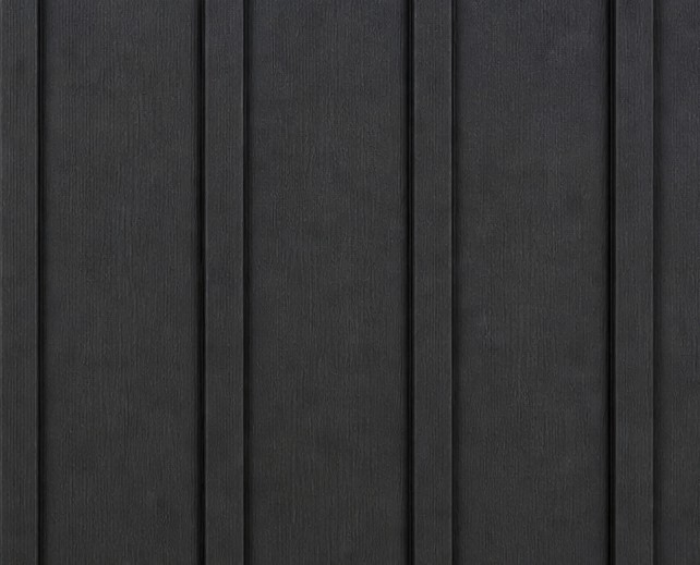 Deep charcoal-black vinyl siding swatch with a board and batten texture