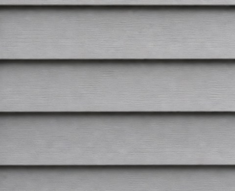 Light-to-mid gray vinyl siding swatch with a Dutch lap texture