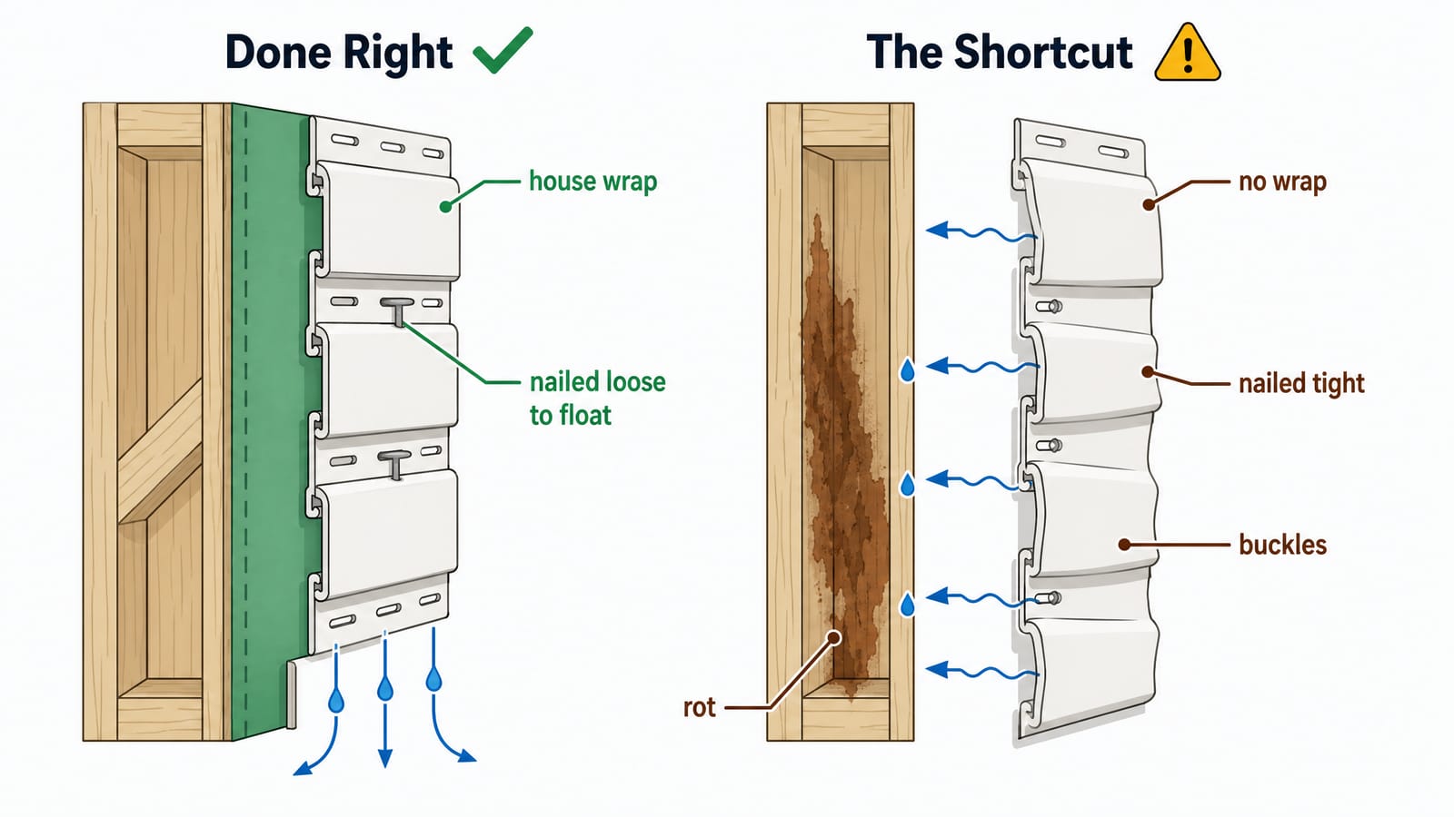 Two-panel wall cross-section. Done Right: green house-wrap behind the vinyl, panels nailed loose to float and lying flat, water draining down and out. The Shortcut: no wrap, panels nailed tight so they buckle, and water wicking into the framing and rotting the sheathing.