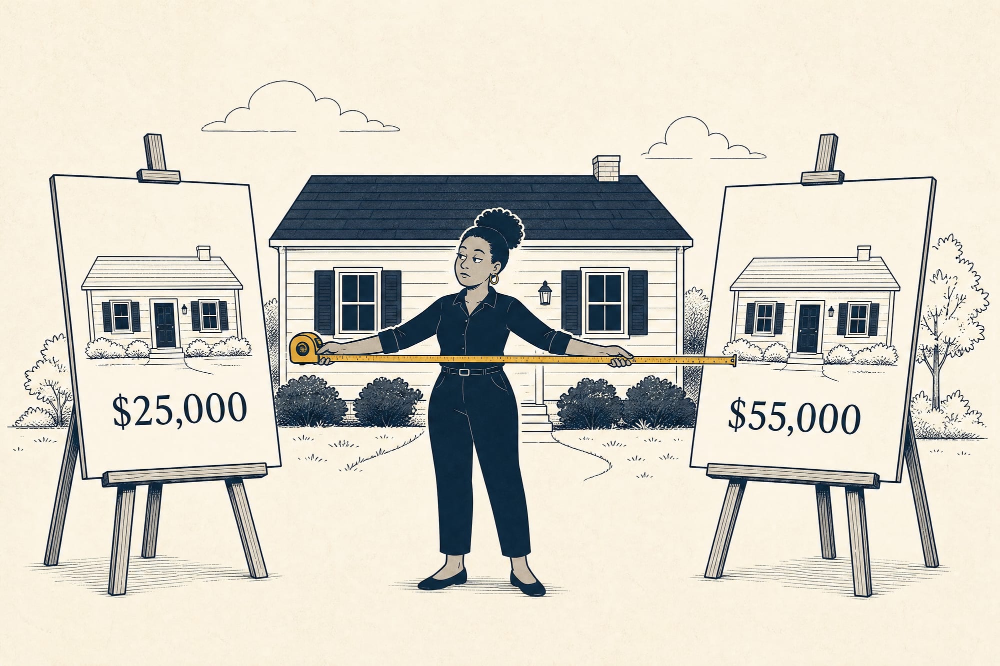 Cartoon: a homeowner stretches a tape measure between two easels holding quotes for the same house — one reads $25,000, the other $55,000 — measuring the gap between them.