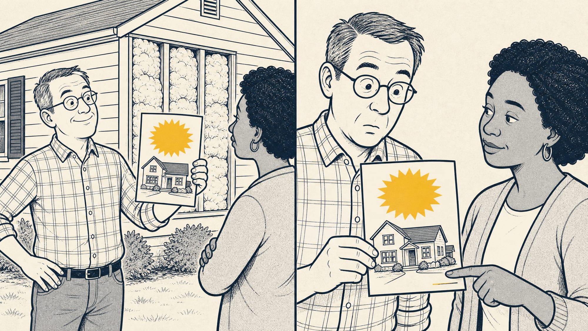 Two-panel cartoon: in the first panel a homeowner proudly holds up a sales flyer stamped with a big gold savings starburst, standing beside his own already-insulated wall; in the second panel a neighbor gently points to the flyer's tiny fine print and the homeowner's eyebrows go up as he realizes the number belonged to a different house.