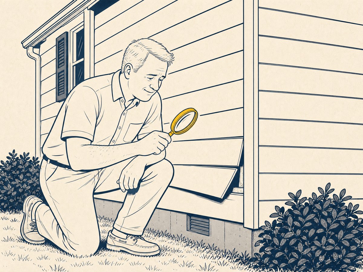 Editorial cartoon: a calm homeowner kneels by the corner of a modest 1980s NC home and studies, through a magnifying glass, one lower siding panel that has quietly lifted and bowed away from the wall while every panel around it sits flush — thoughtful and figuring it out, not angry.