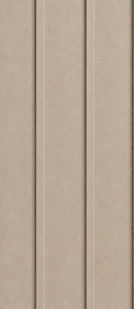 Vinyl siding swatch in a board & batten profile — vertical boards separated by narrow raised battens.