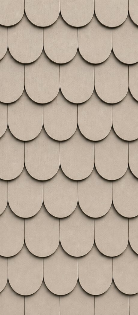Vinyl siding swatch in a scallop profile — half-round fish-scale shingle tabs, a decorative gable look.