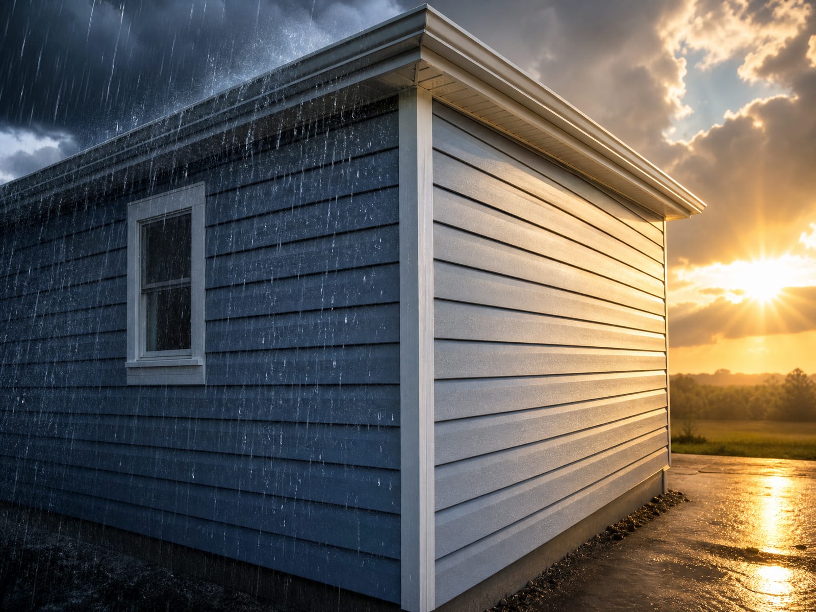 A corner of a home clad in slate-blue vinyl siding with white trim standing in two weathers at once — storm rain streaking and beading off the panels on one side while warm golden sunshine breaks across the same wall on the other