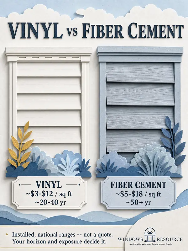 Vinyl vs Fiber Cement Siding — vinyl ~$3–$12/sq ft, ~20–40 yr vs fiber cement ~$5–$18/sq ft, ~50+ yr, in paper-craft style