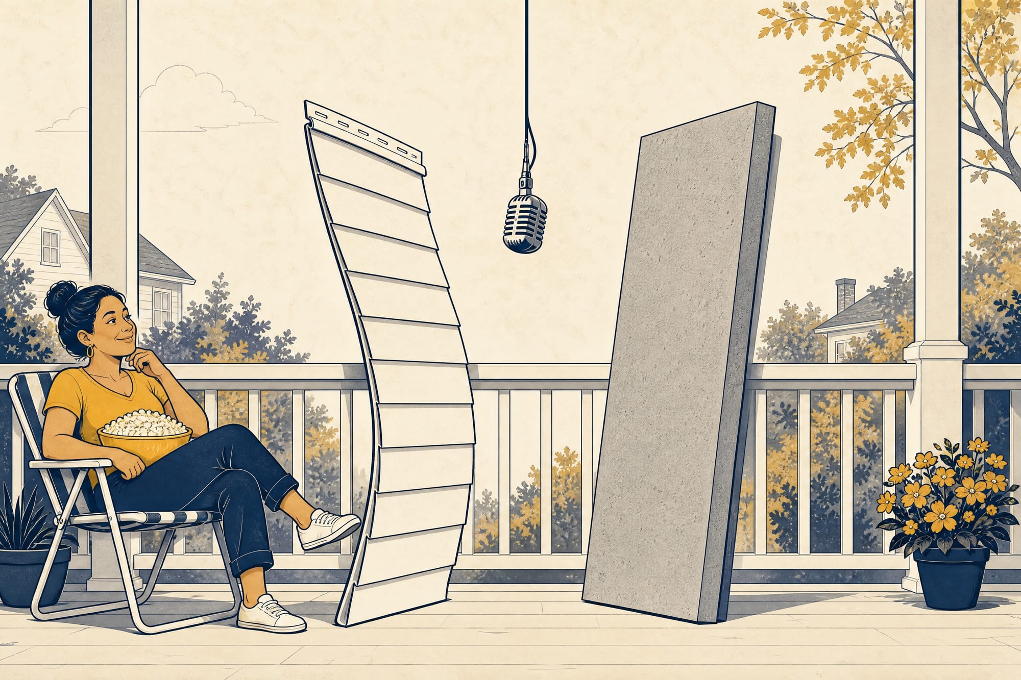 Cartoon boxing weigh-in: a wavy lightweight vinyl panel faces off against a heavy rigid fiber-cement plank under a hanging broadcast microphone, while a homeowner watches from a porch chair with popcorn.