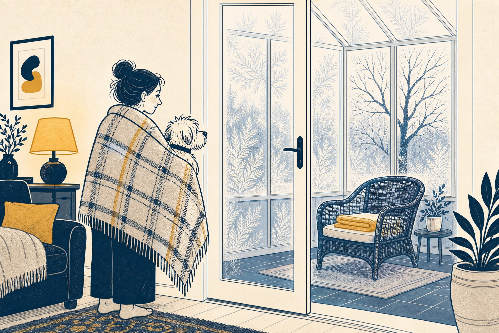 Cartoon: a homeowner bundled in a blanket holding her dog looks longingly through a frosted glass door at her unusable 3-season sunroom, where bare winter trees and an empty chair sit behind frost-covered panes.