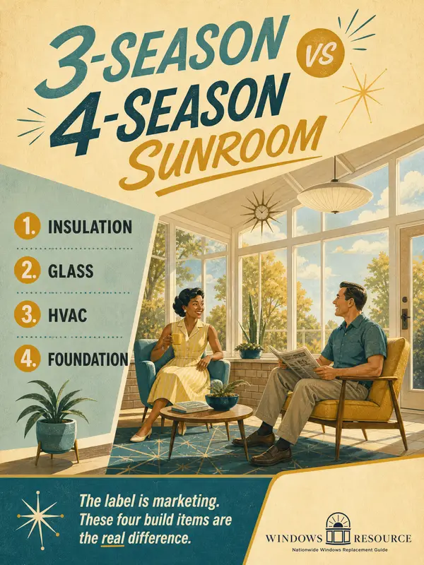 3-Season vs 4-Season Sunroom — the label is marketing; insulation, glass, HVAC, and foundation are the real difference