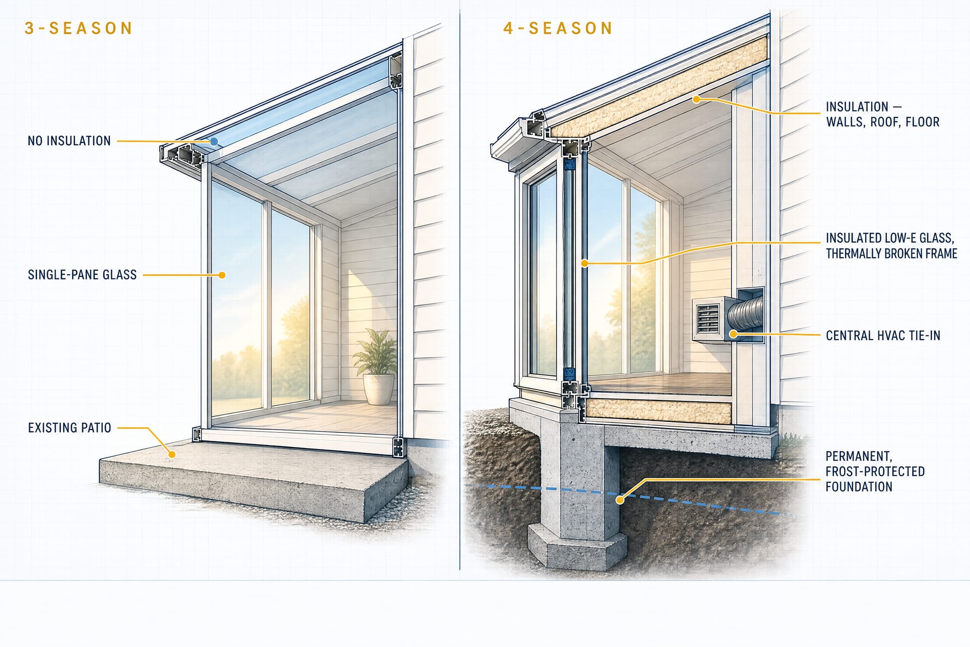 Labeled build-spec comparison cutaway of a 3-season versus 4-season sunroom, showing insulation, glass, HVAC tie-in, and foundation differences side by side.