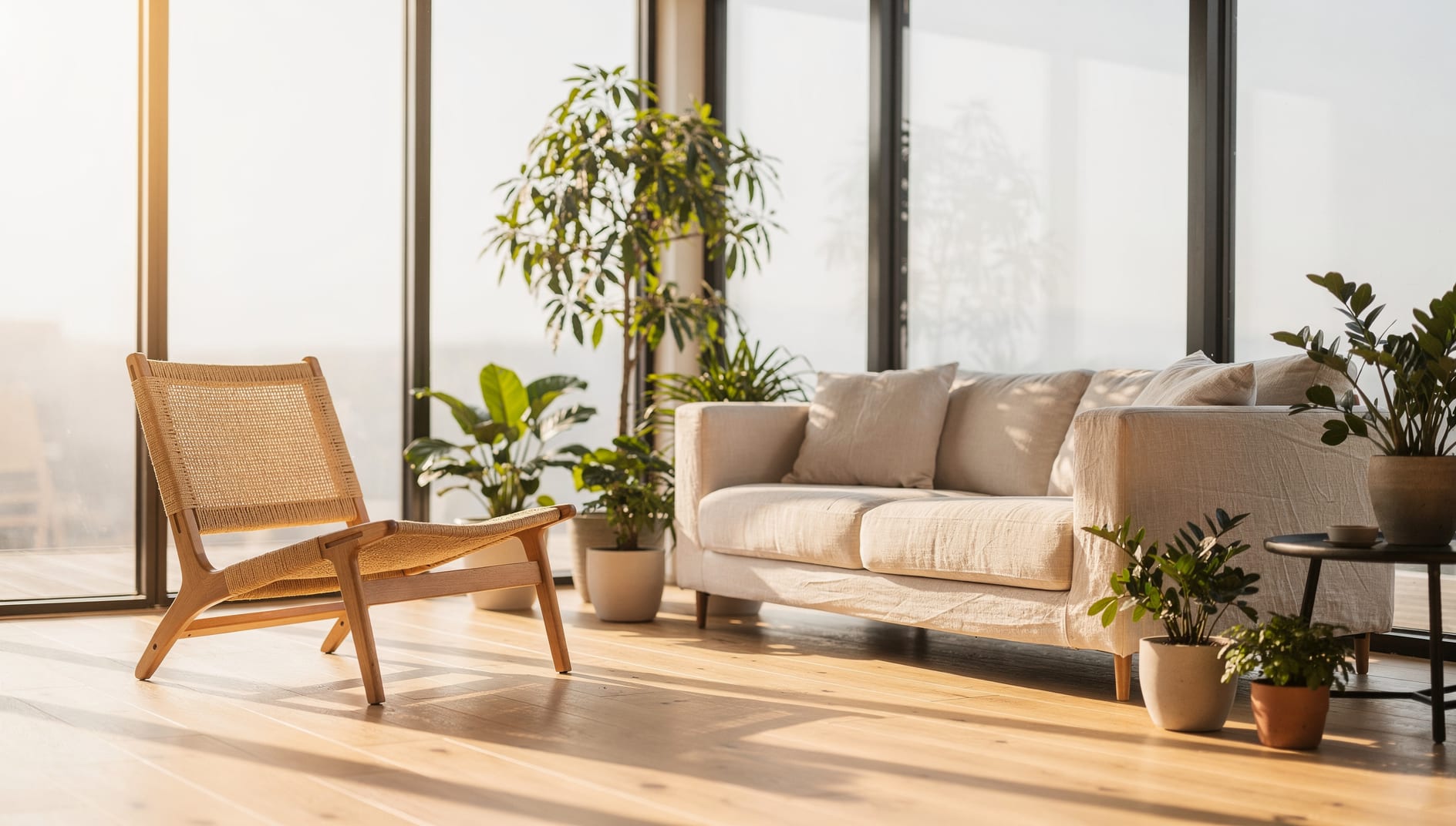 A bright, inviting sunroom with floor-to-ceiling glass walls, a linen sofa, and lush potted plants in warm low-angle daylight.