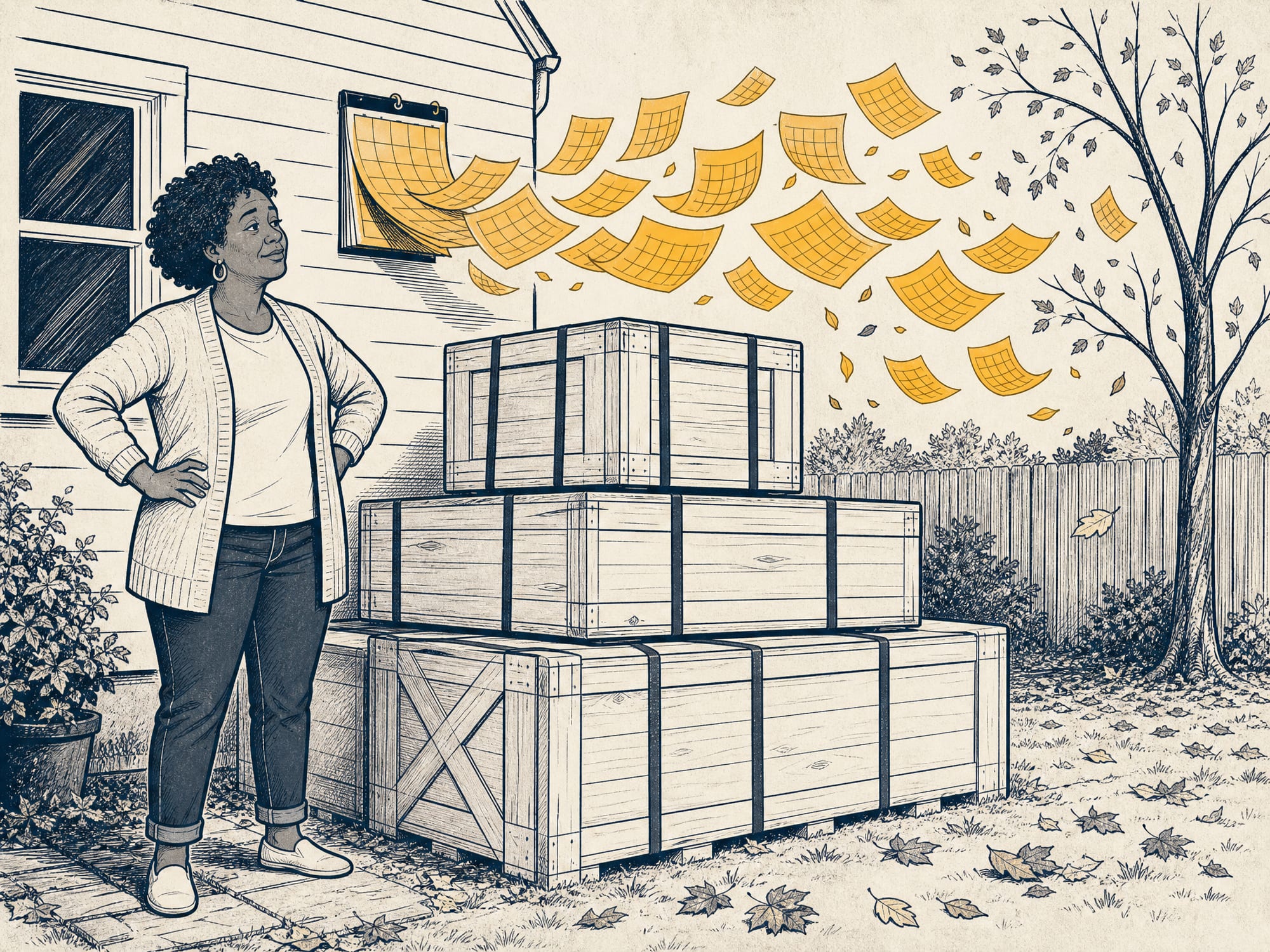 Cartoon: a homeowner stands in the backyard next to a stack of unopened sunroom crates while calendar pages fly off the wall behind her — spring, summer, fall, winter — and the crates never move.