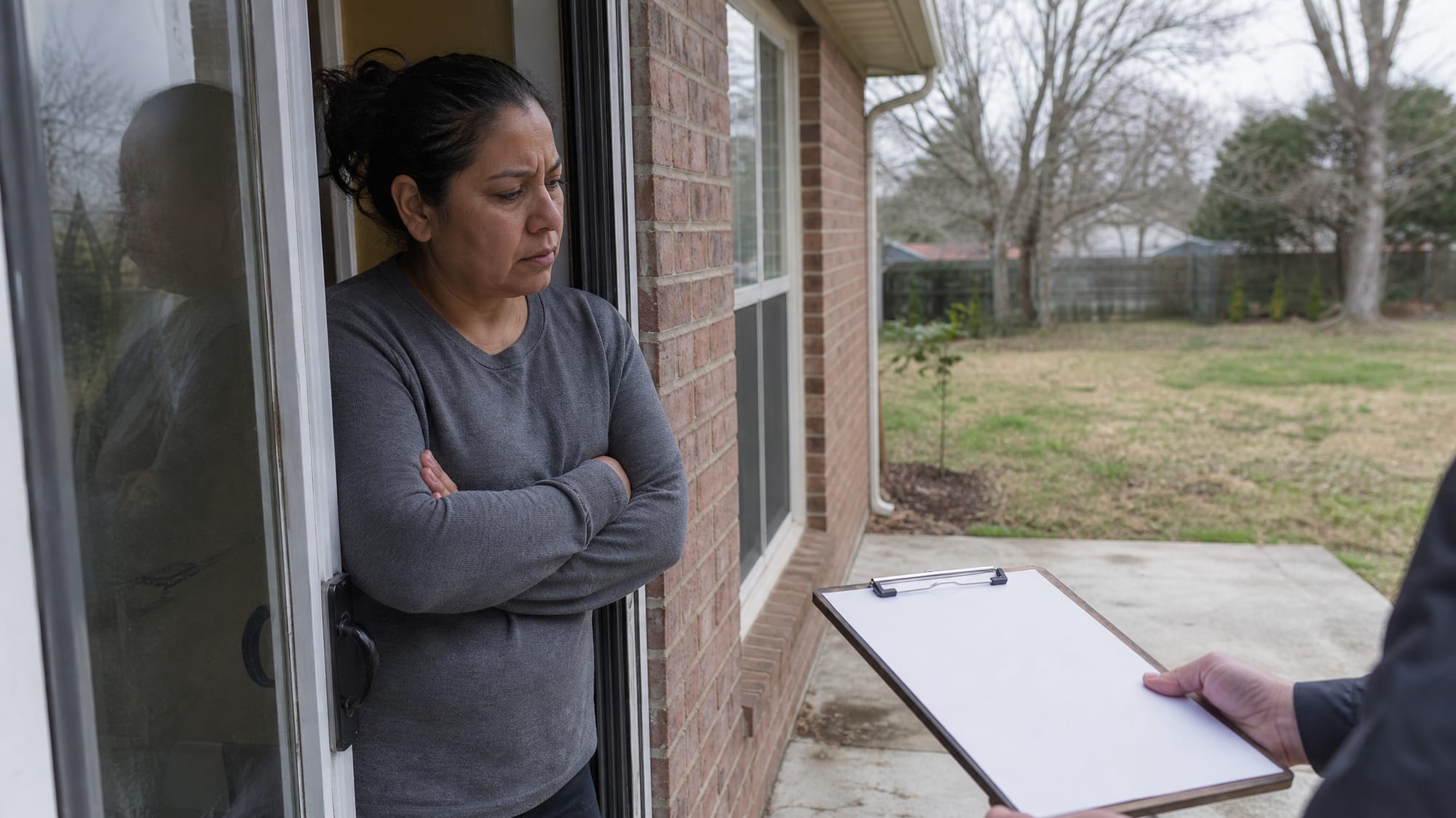 A homeowner stands at her own back door in flat overcast light, arms folded, sizing up a contractor's clipboard quote where a sunroom would go — guarded, thinking it through, not smiling for anyone.