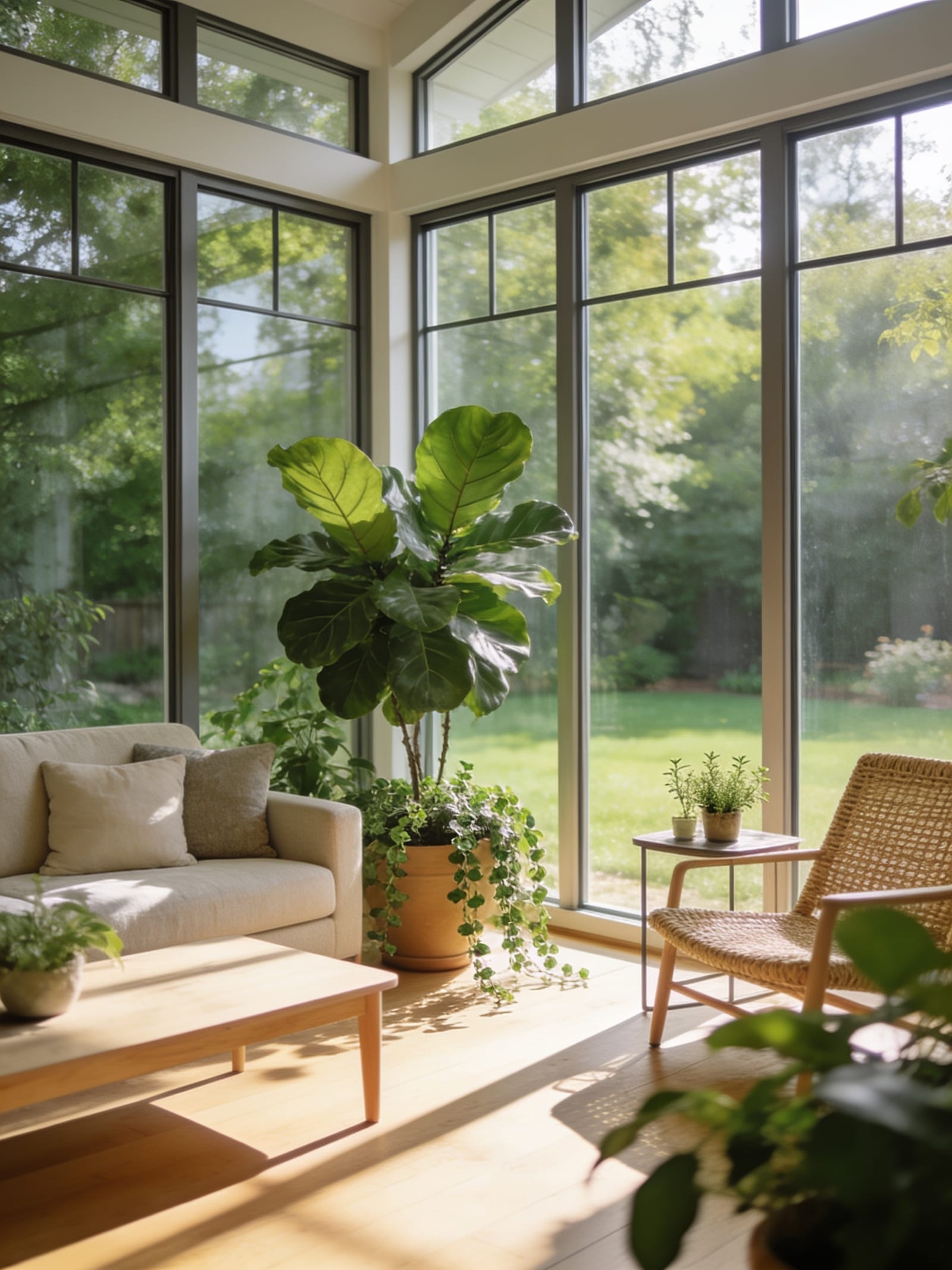 A bright, sun-filled four-season sunroom with floor-to-ceiling glass, a linen sofa, a woven chair, and lush potted plants overlooking a green backyard