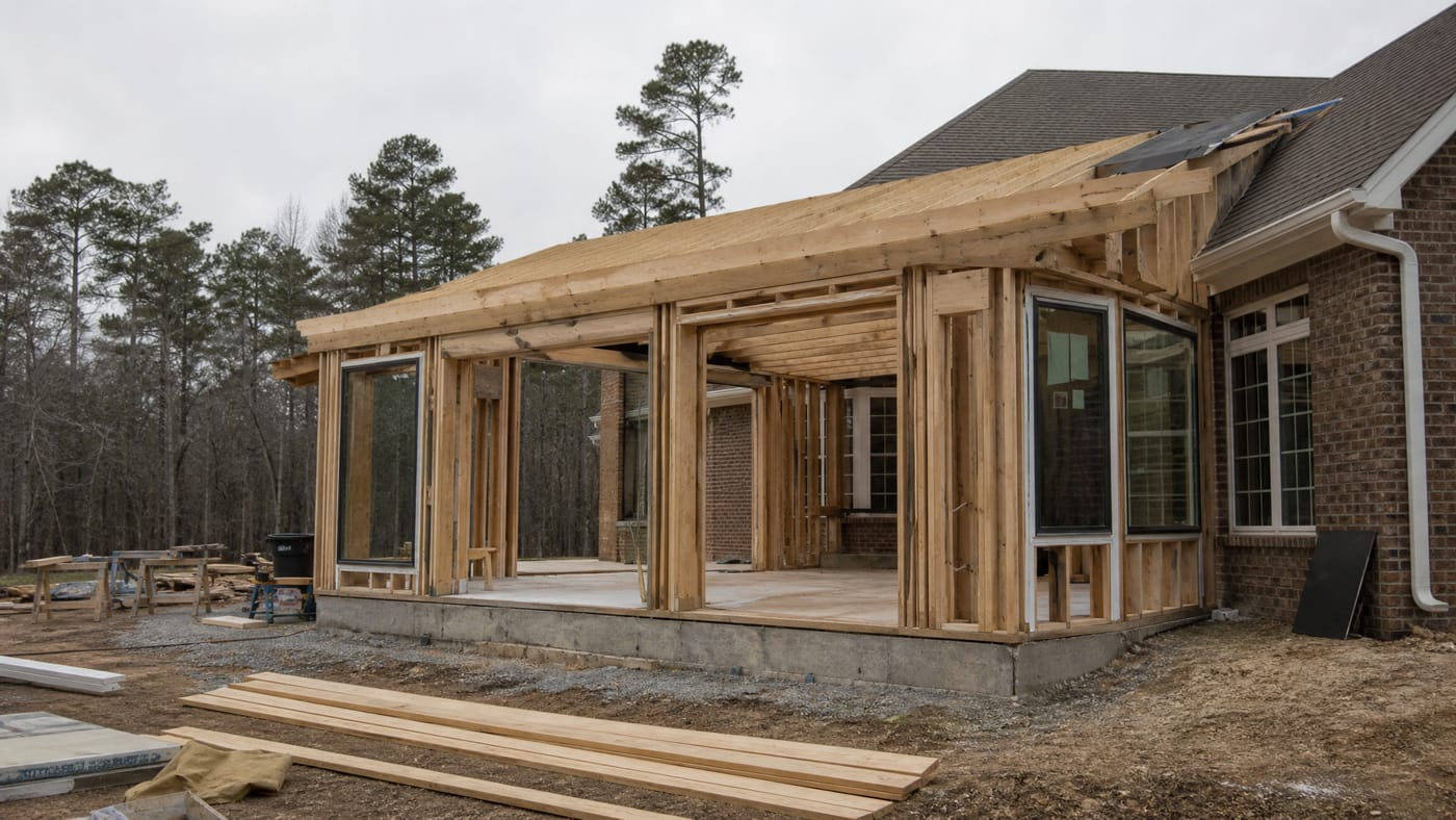 A four-season sunroom addition mid-construction on the back of a brick home: poured foundation, framed walls with large window openings, and insulated glass panels going in.