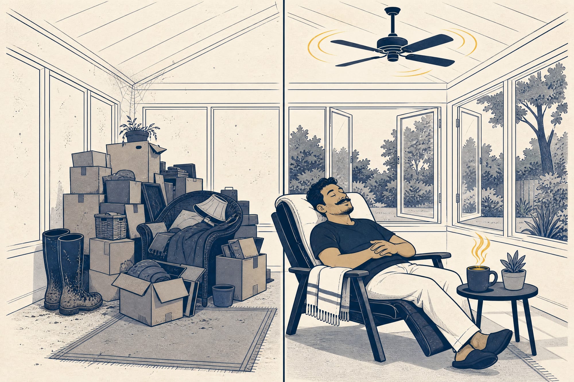 Cartoon: the same sunroom shown split in two — on the left it is a junk pile of moving boxes and muddy boots, on the right a homeowner naps happily under a spinning ceiling fan with plants and open windows.