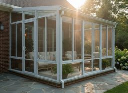 A three-season sunroom with large single-pane glass walls in lightweight white frames, sitting on an existing patio