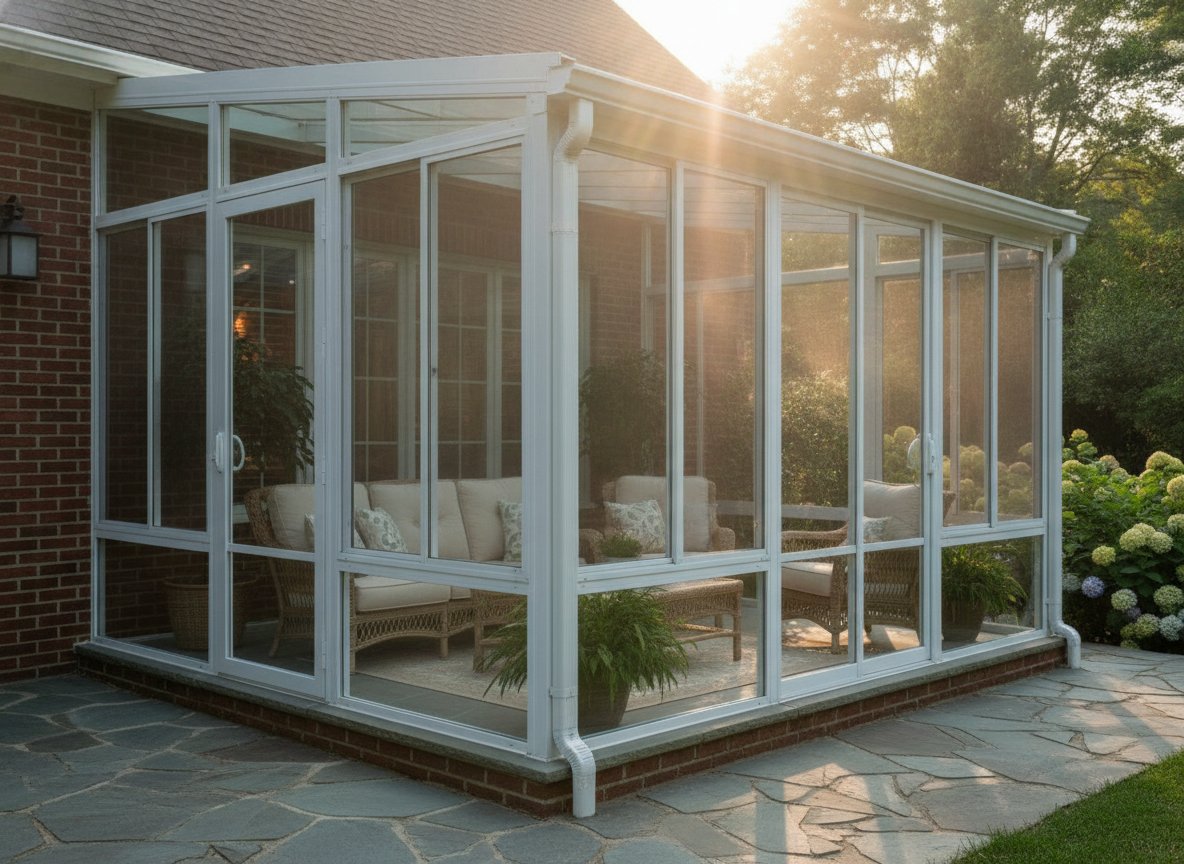 A three-season sunroom with large single-pane glass walls in lightweight white frames, sitting on an existing patio