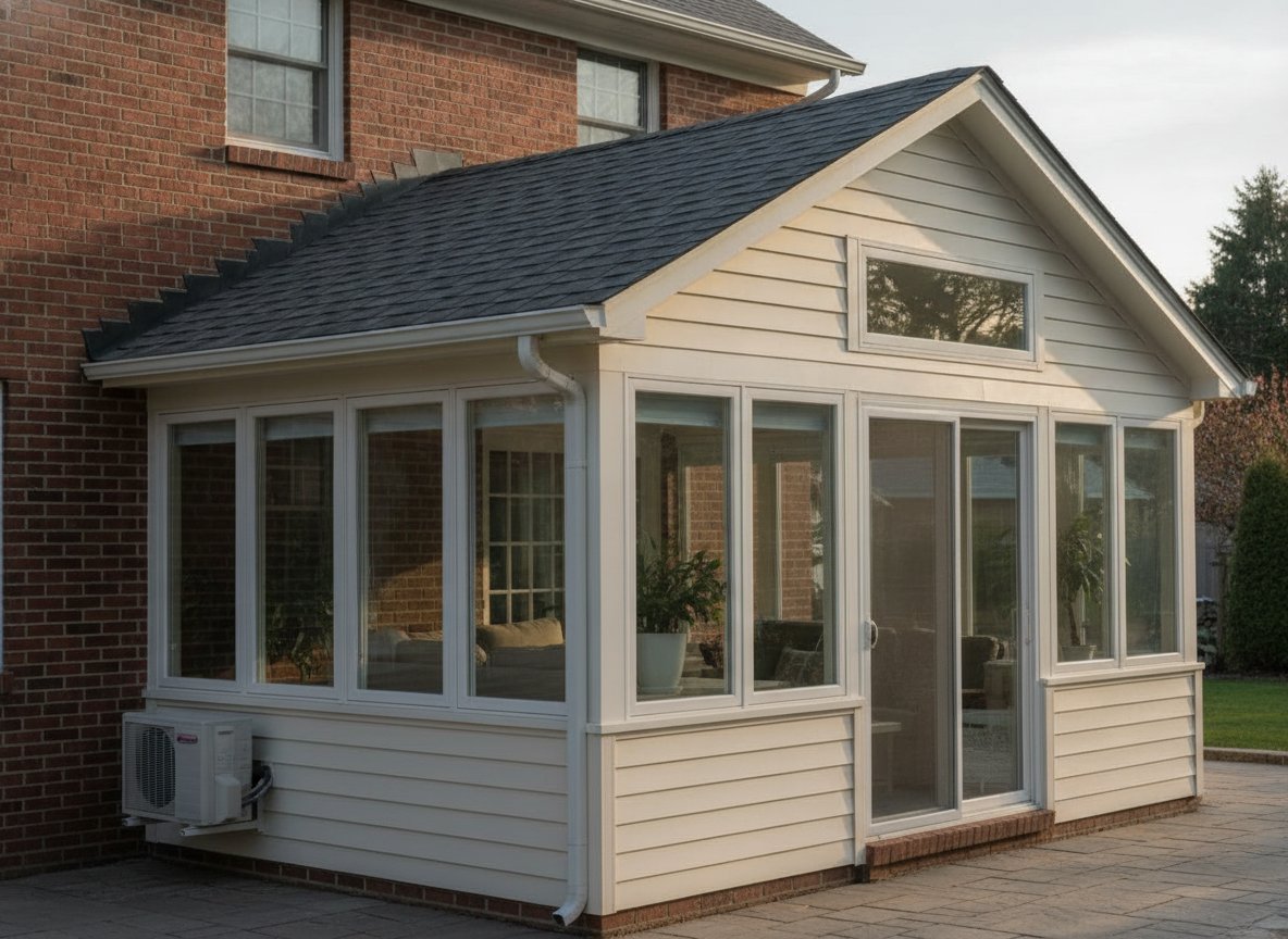 A four-season sunroom built like an addition — insulated glass, solid insulated knee-walls, a shingled roof, and a mini-split for heat and AC